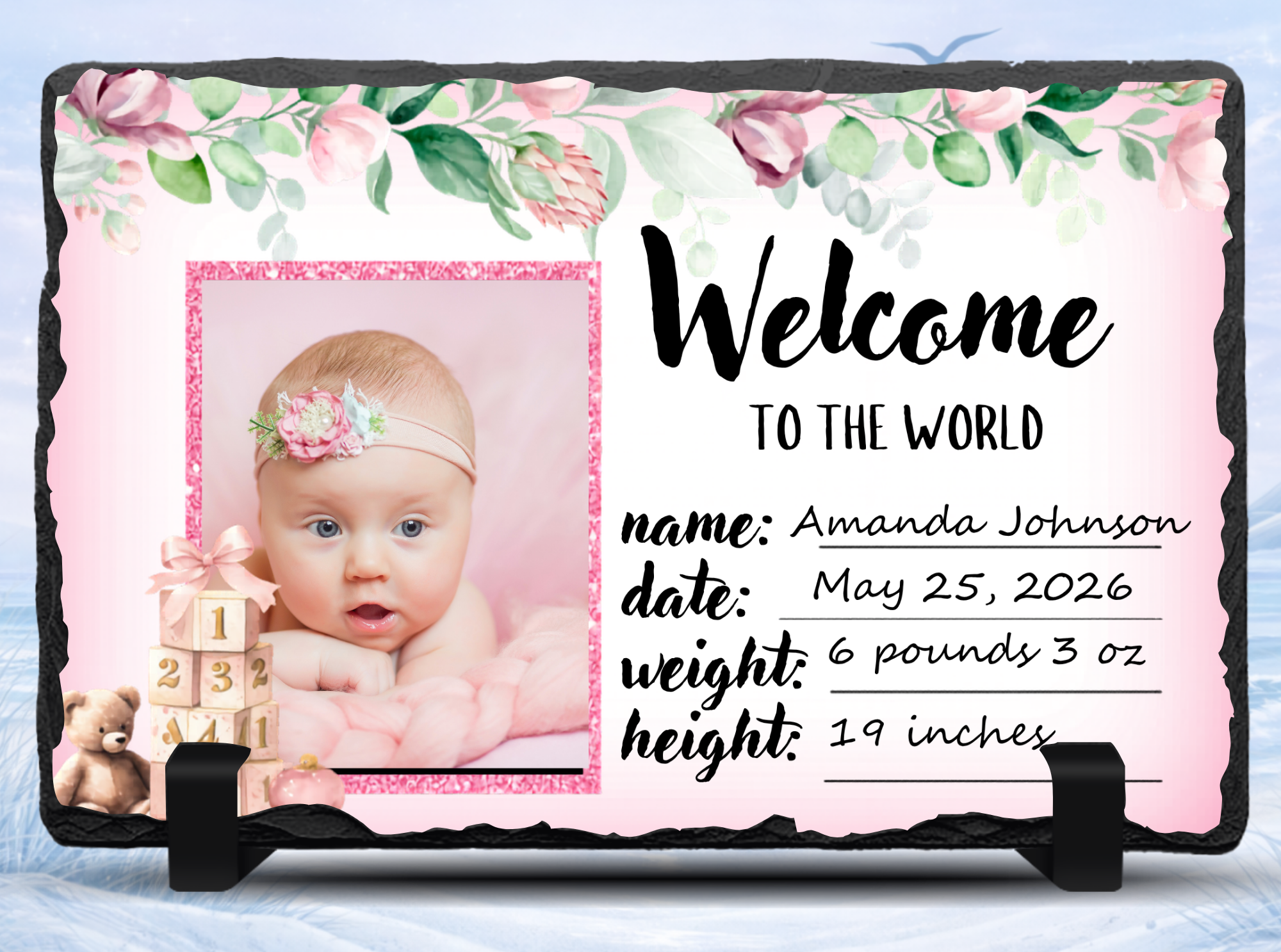 baby girl birth announcement photo slate personalized