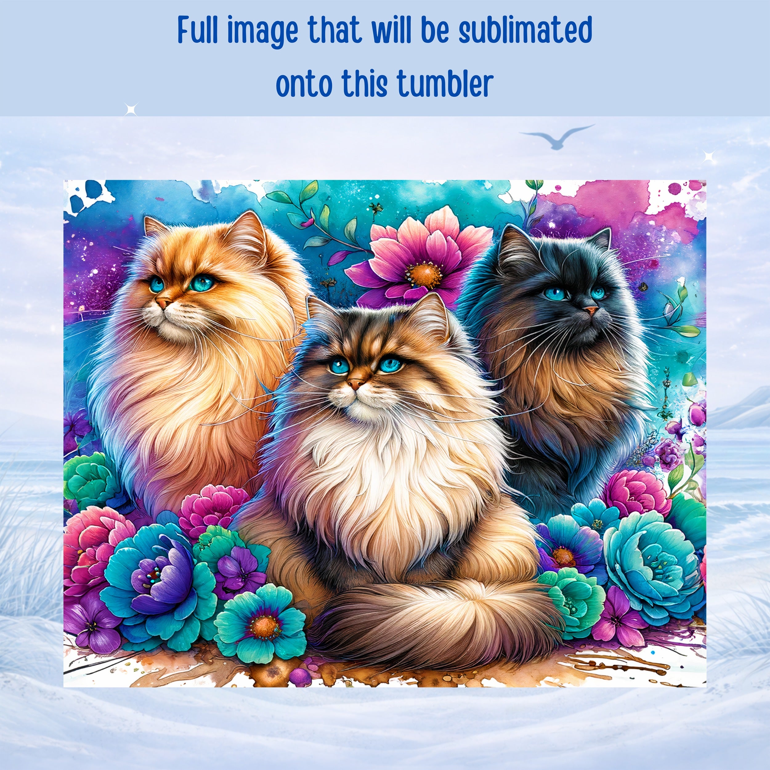 Three fluffy cats sit among colorful flowers with a snowy background.
