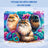 Three fluffy cats sit among colorful flowers with a snowy background.