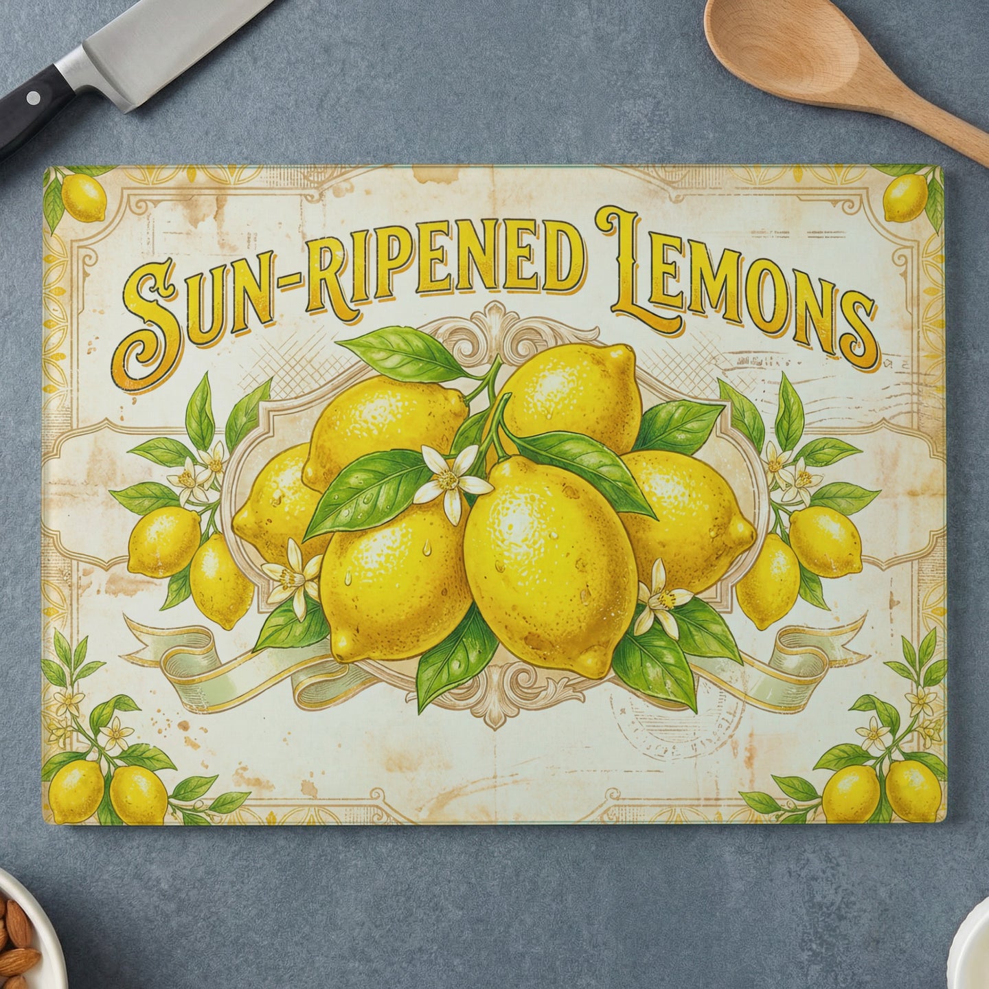 Glass cutting board with "Sun-Ripened Lemons" text and lemons with leaves.
