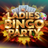 Golden "Ladies Bingo Party" text with bingo cards, ball, and autumn leaves.