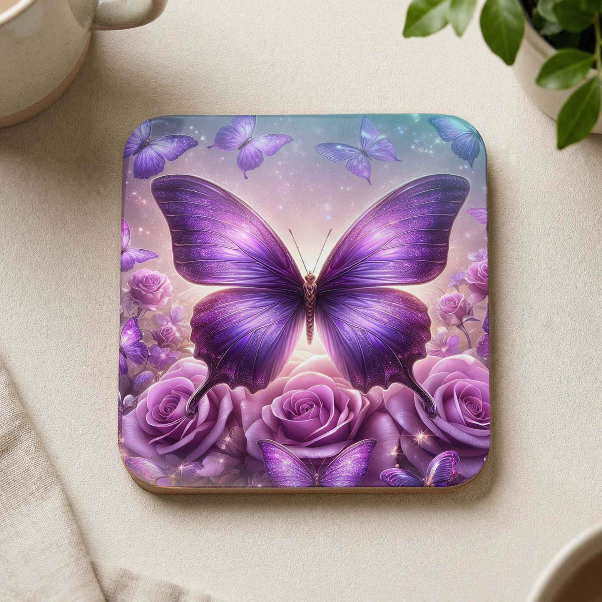 Purple butterfly on a bed of purple roses, surrounded by smaller butterflies.