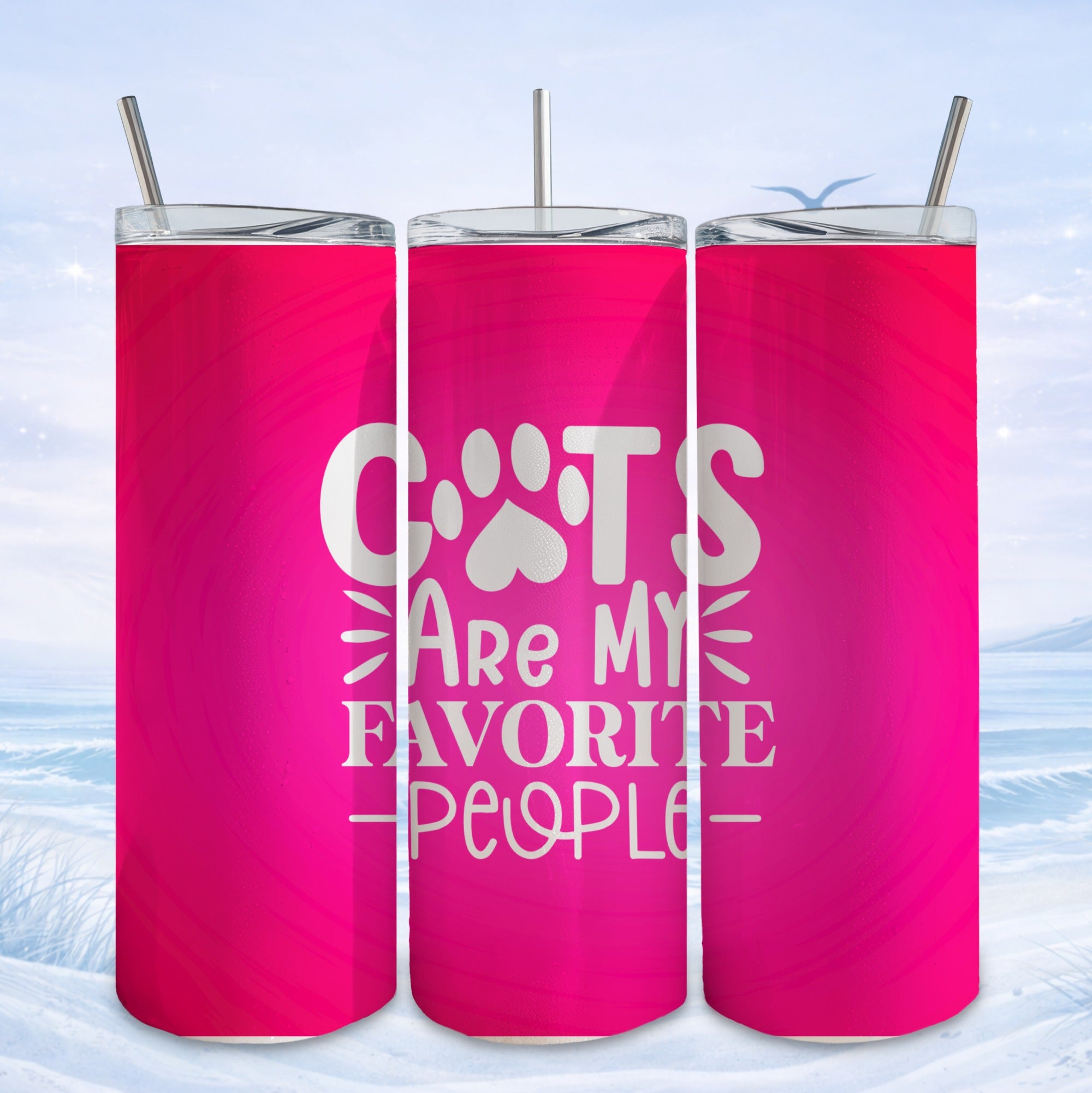 Pink tumbler with "Cats Are My Favorite People" text and cat paw prints.
