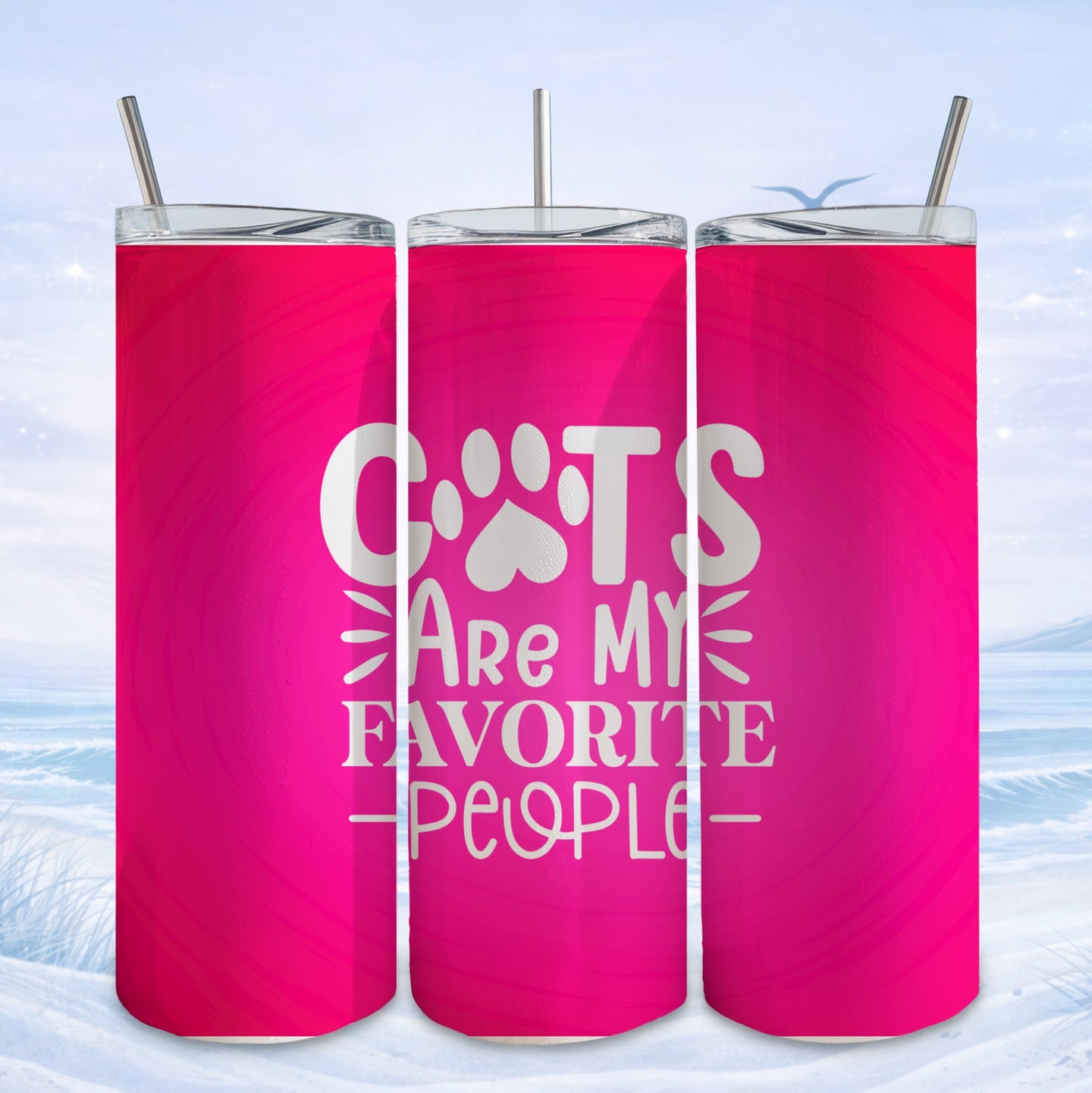Pink tumbler with "Cats Are My Favorite People" text and cat paw prints.