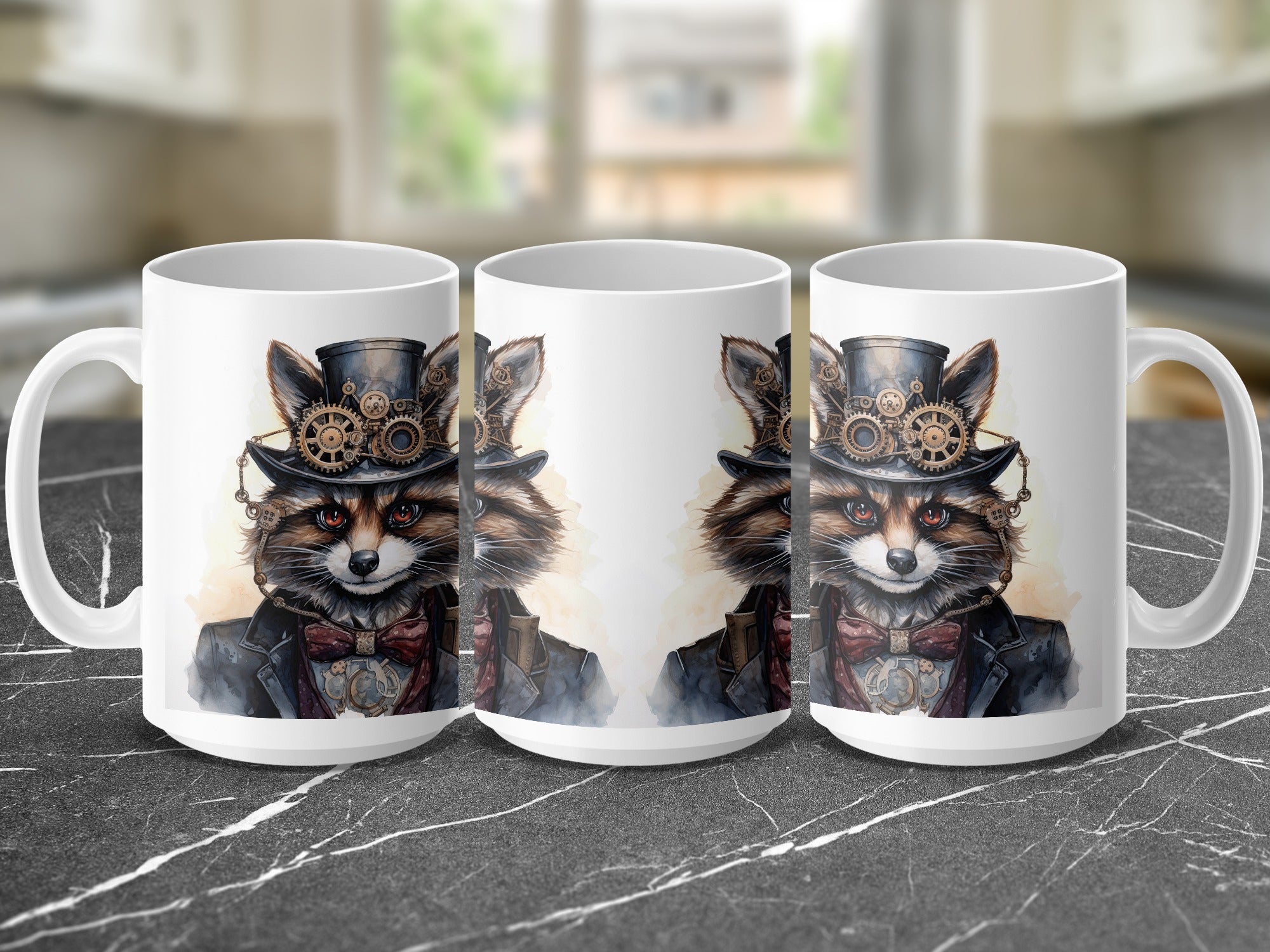 Three mugs showing a steampunk raccoon in a top hat and suit.