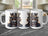 Three mugs showing a steampunk raccoon in a top hat and suit.
