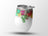White tumbler with colorful berry pattern and silver lid, floating.