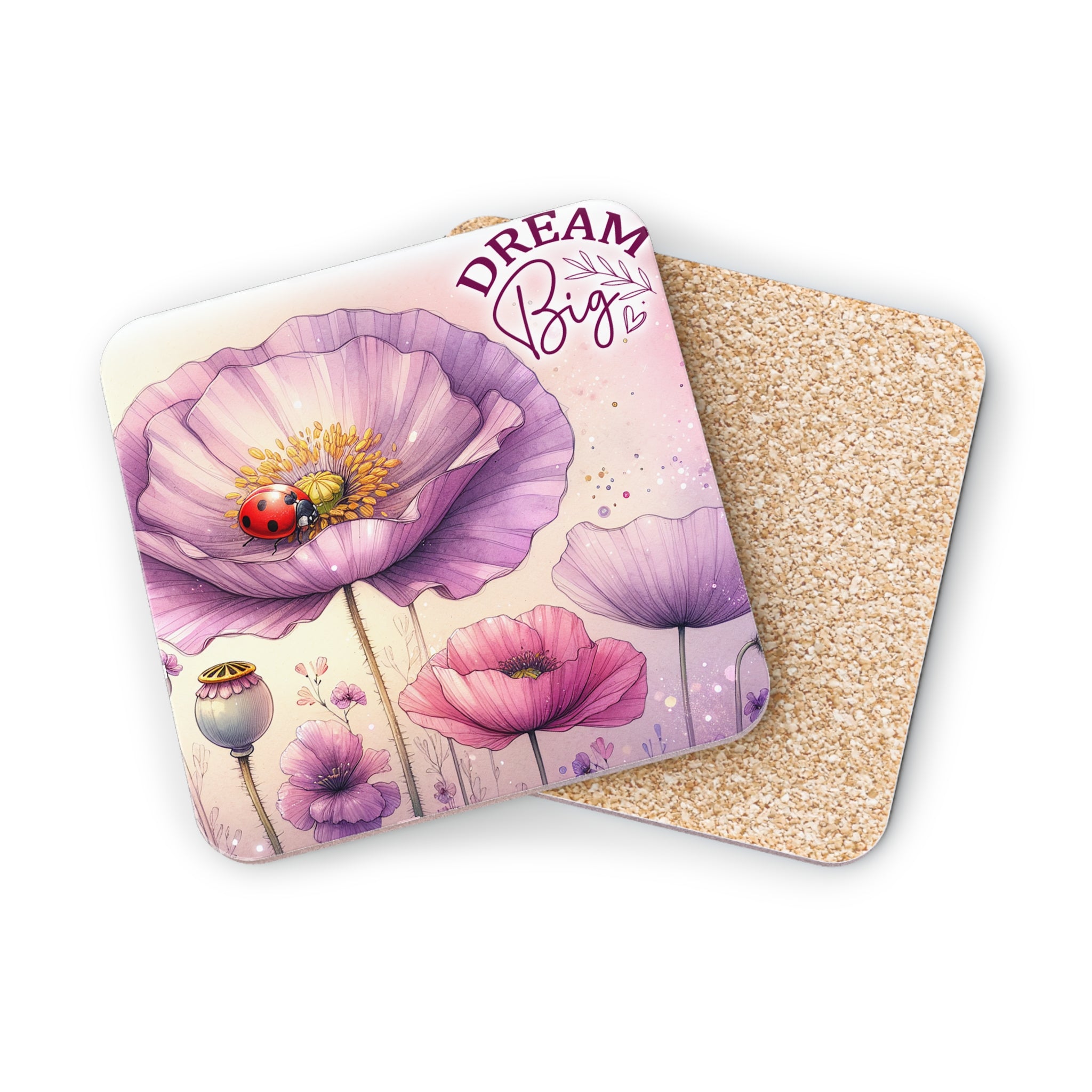 Coasters with purple poppies and ladybug, "Dream Big" text.