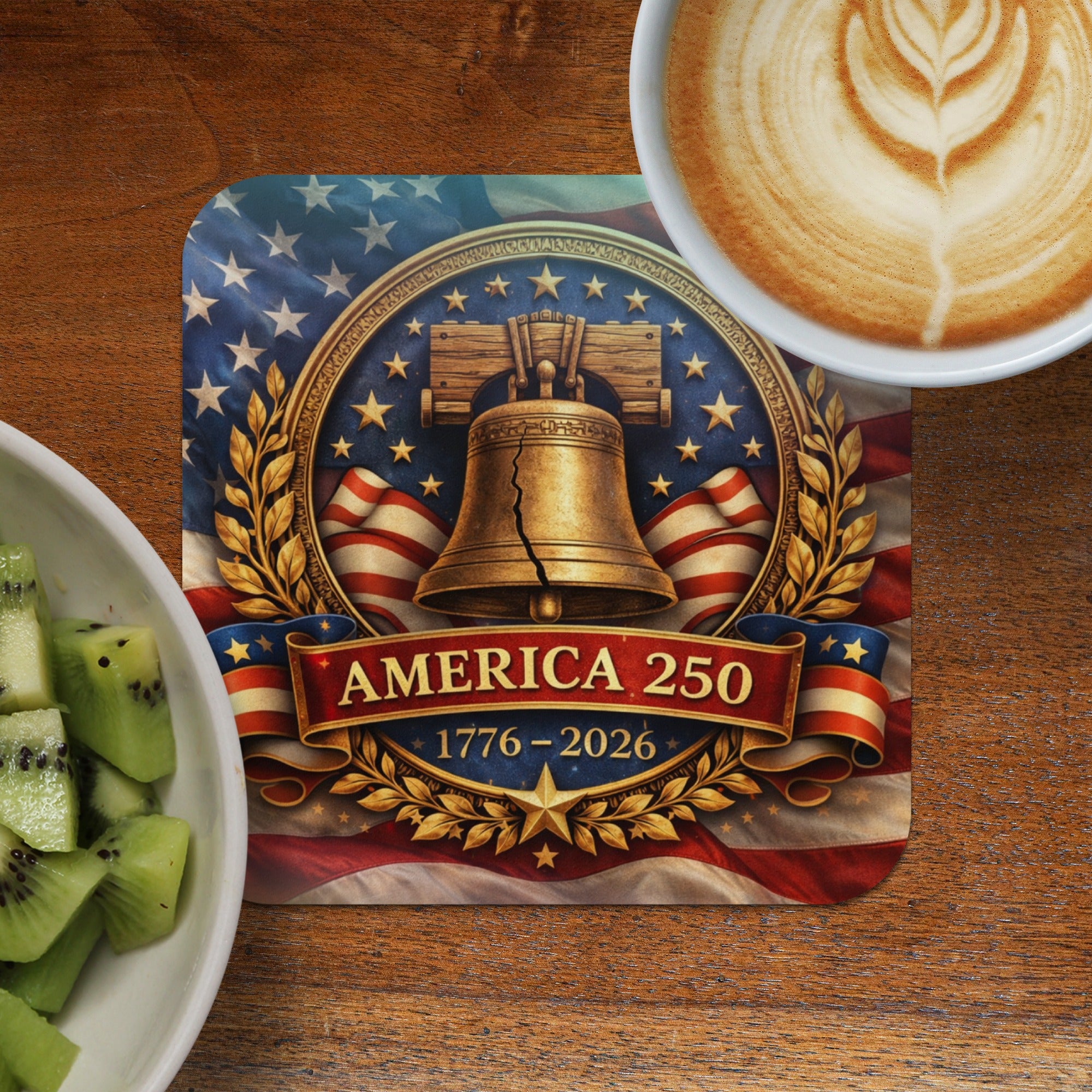 Coaster with Liberty Bell, American flag, and "America 250" text.