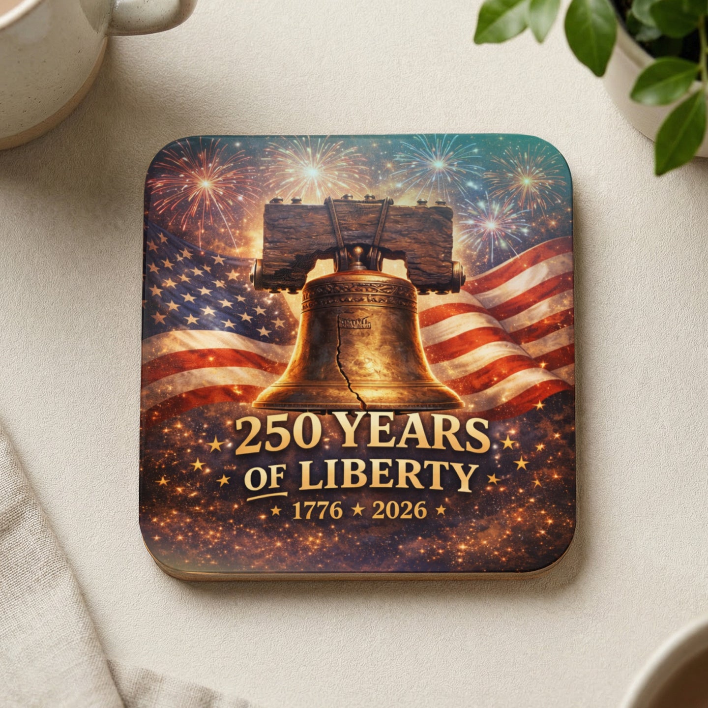 Liberty Bell with American flag and fireworks, "250 Years of Liberty" text.
