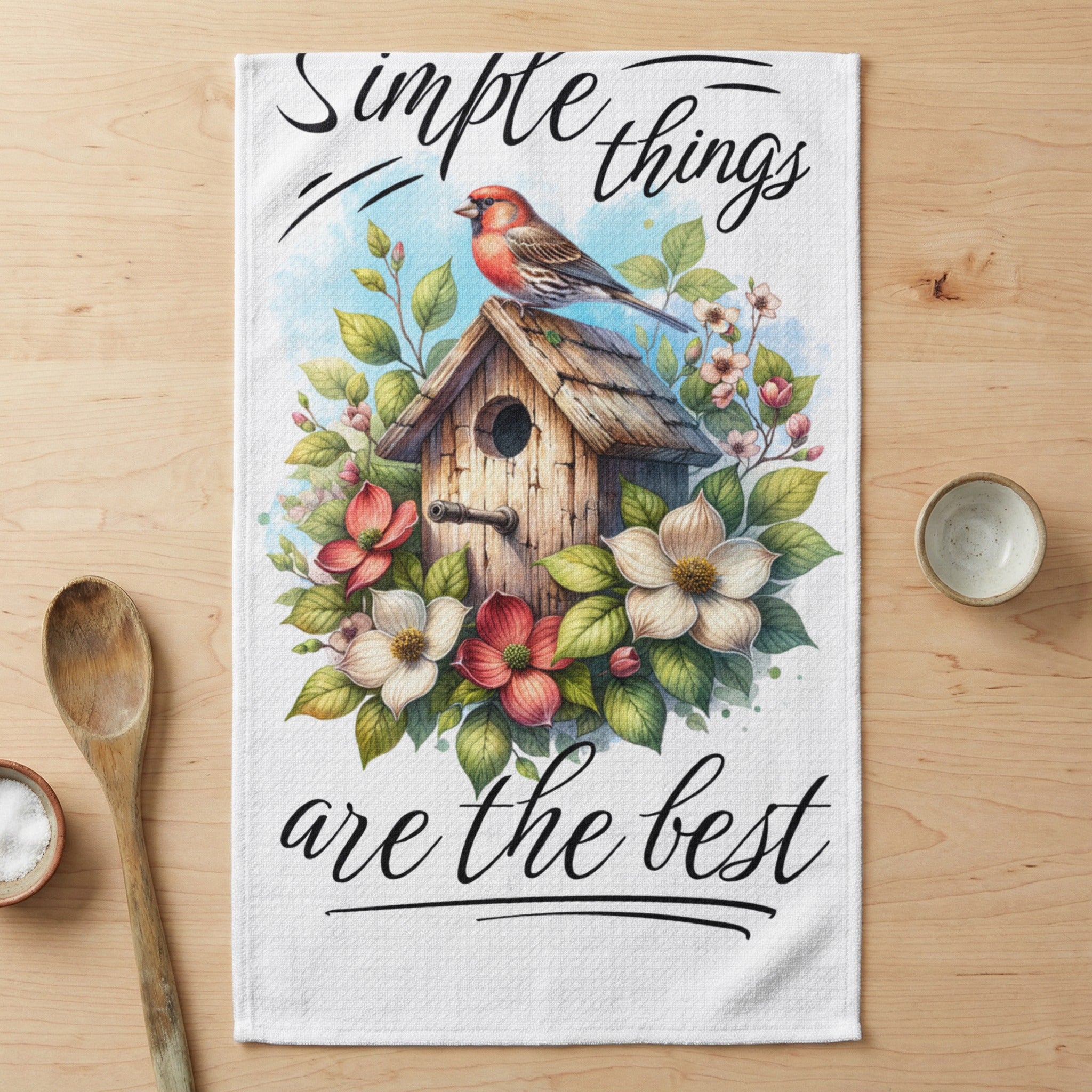 Towel with birdhouse, flowers, bird, and text "Simple things are the best".