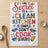 Tea towel with text "The secret to a clean kitchen is simple: don't cook (ever!)".