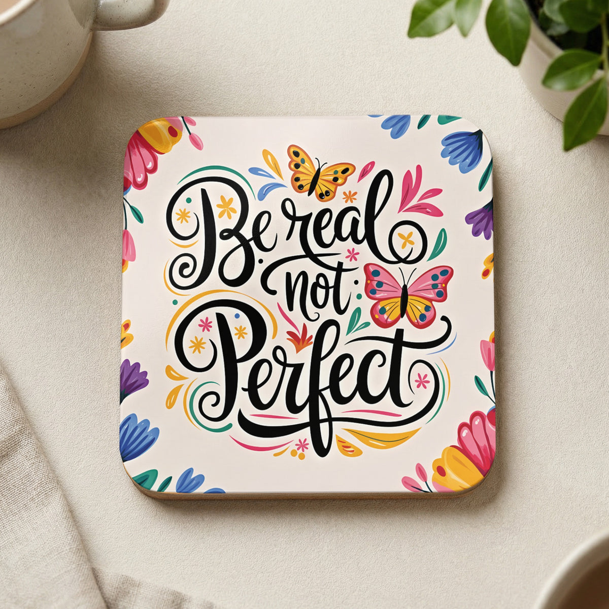 Square coaster with "Be not perfect" text and floral butterfly design.