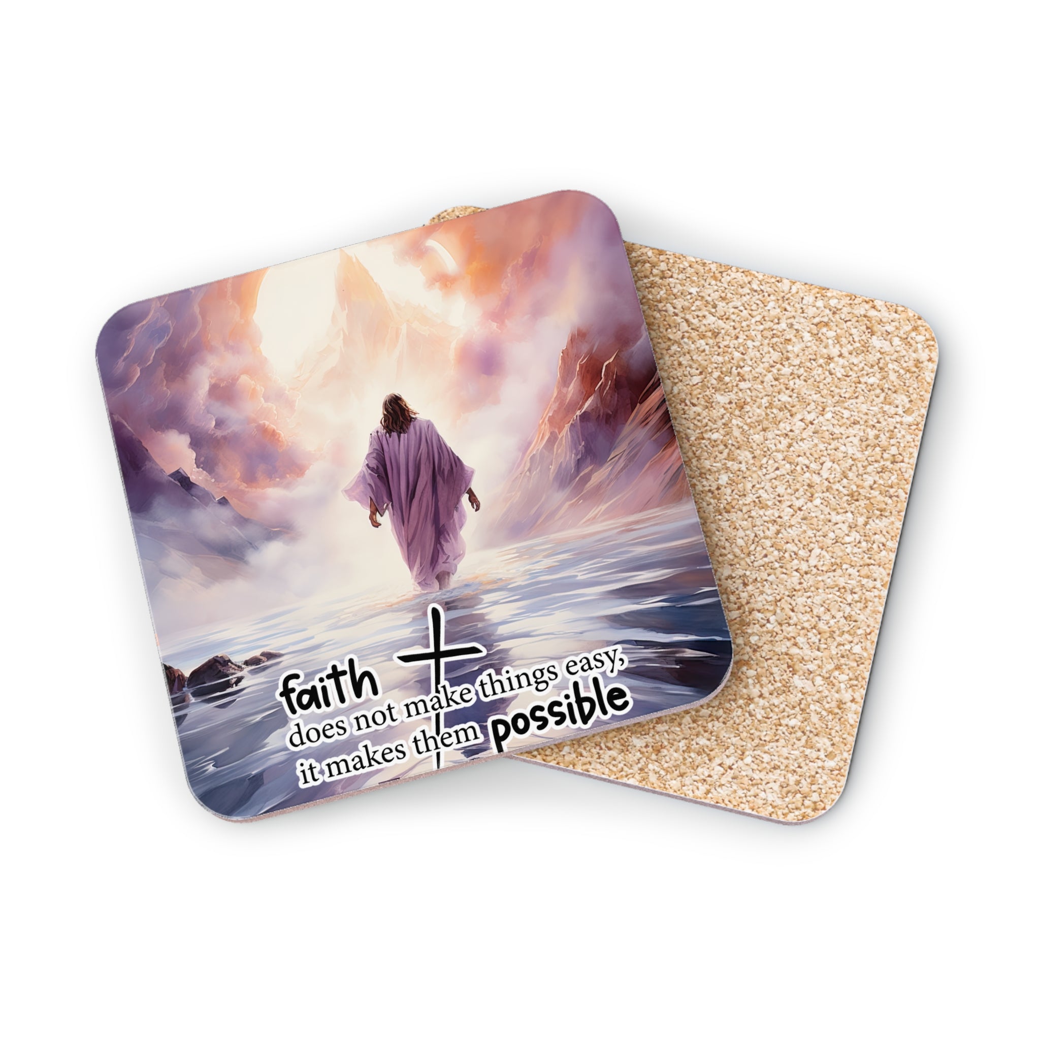 Jesus walking on water with cross and inspirational quote.