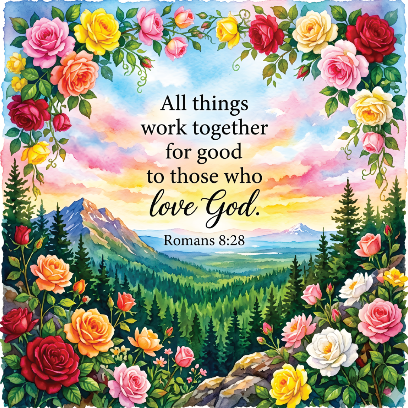 Floral border surrounds landscape with text "All things work together for good to those who love God. Romans 8:28."
