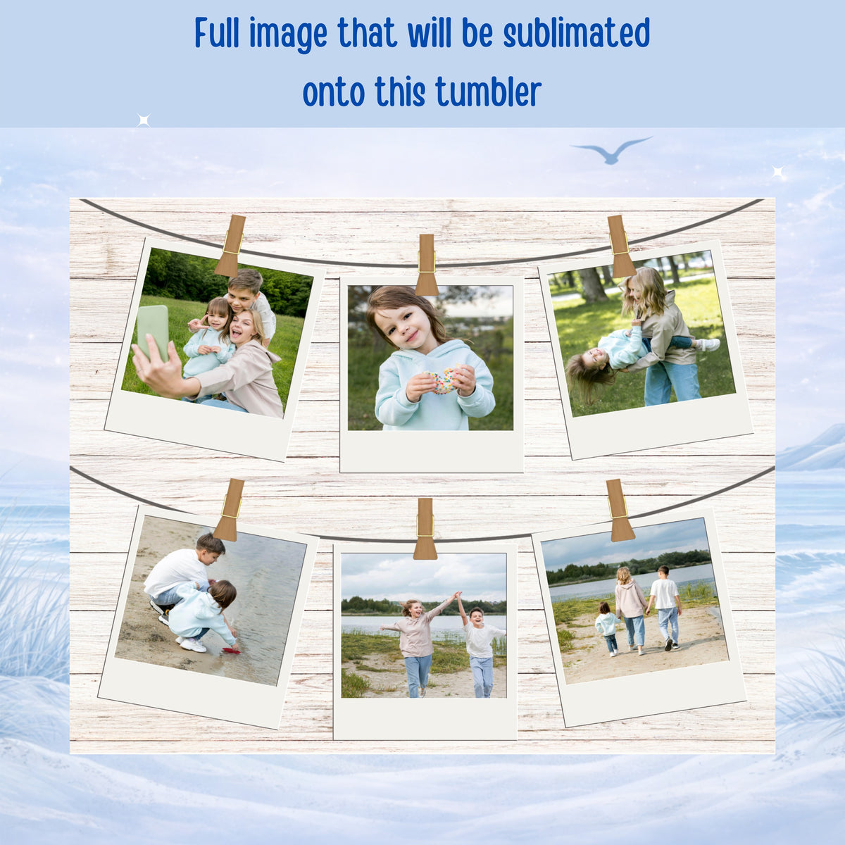 Polaroid photos of families enjoying outdoor activities on a wooden string.