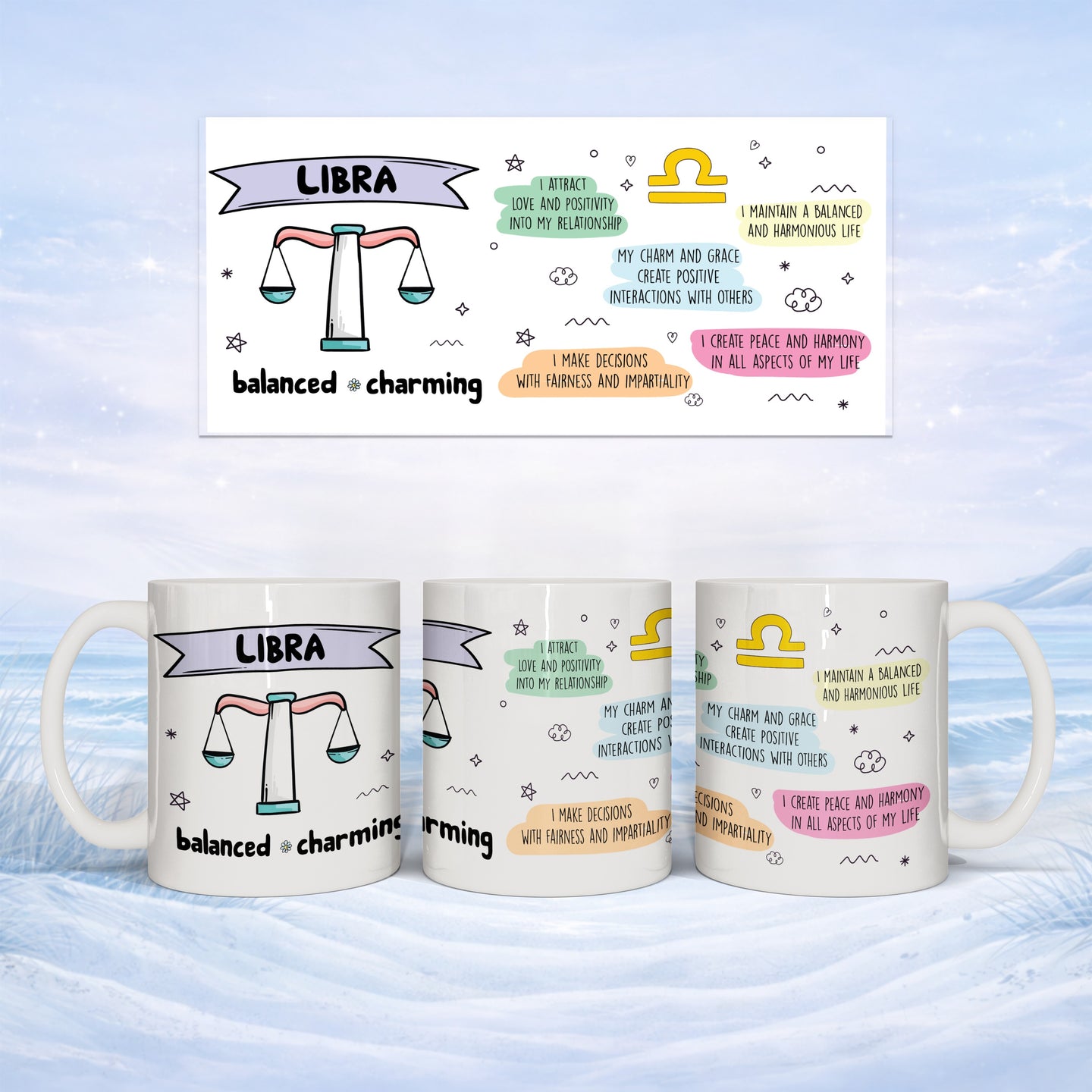 Mugs with Libra zodiac sign and positive affirmations.
