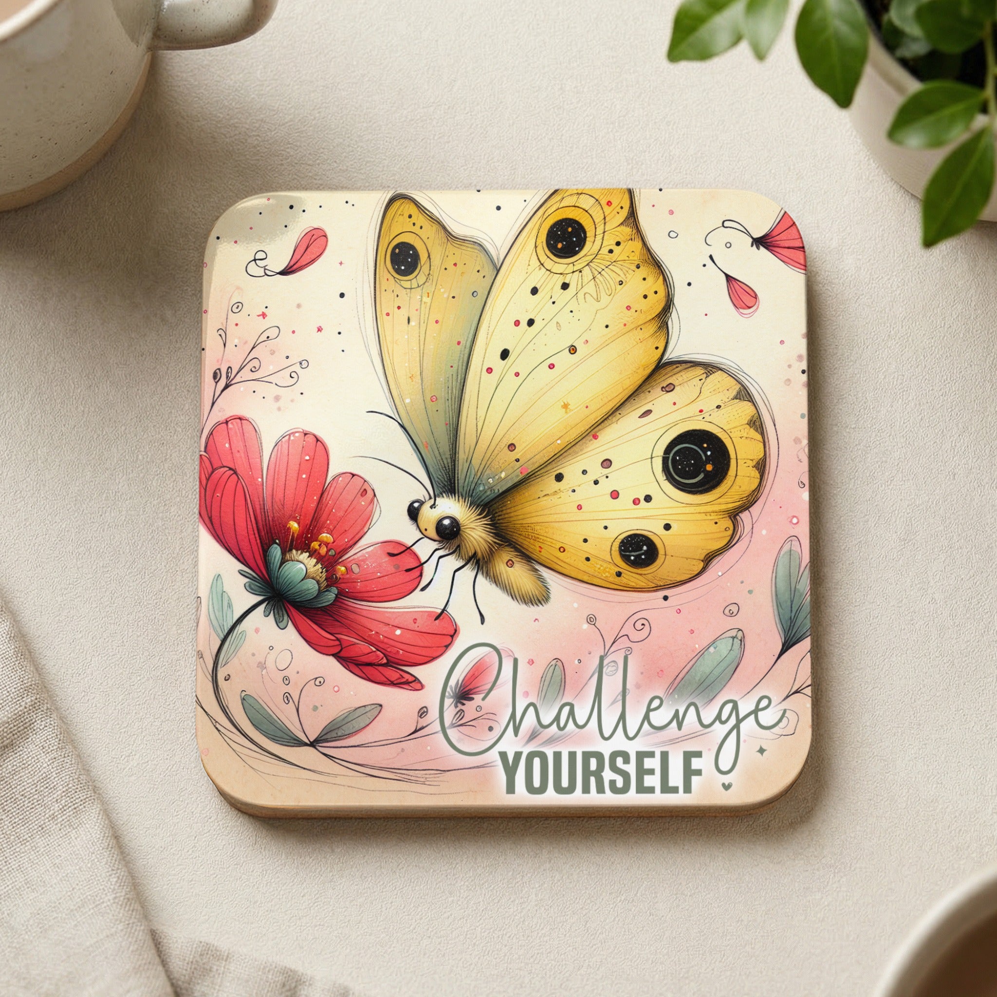 Yellow butterfly on a pink flower with "Challenge Yourself" text.