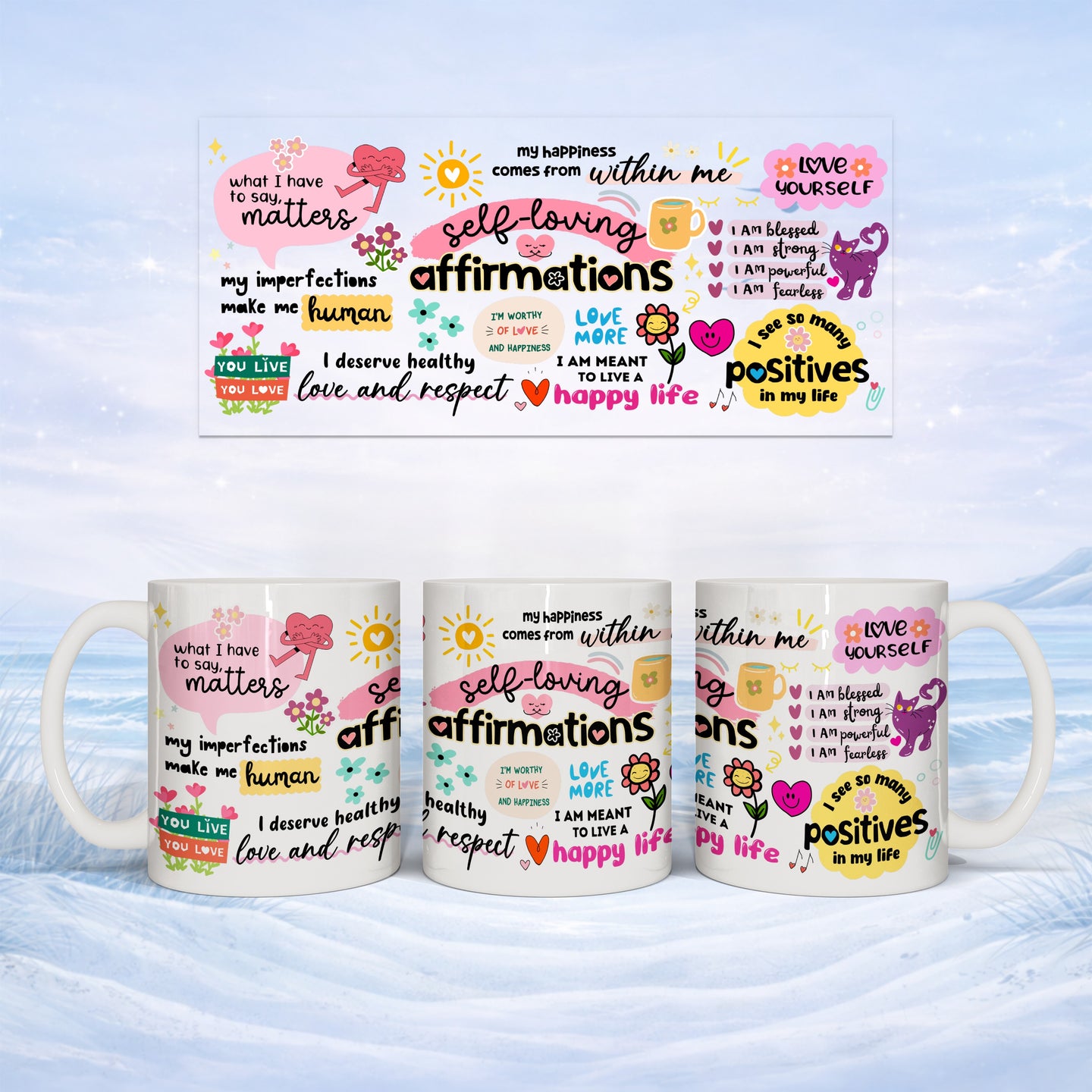 Mugs with "self-loving affirmations" text and positive messages.