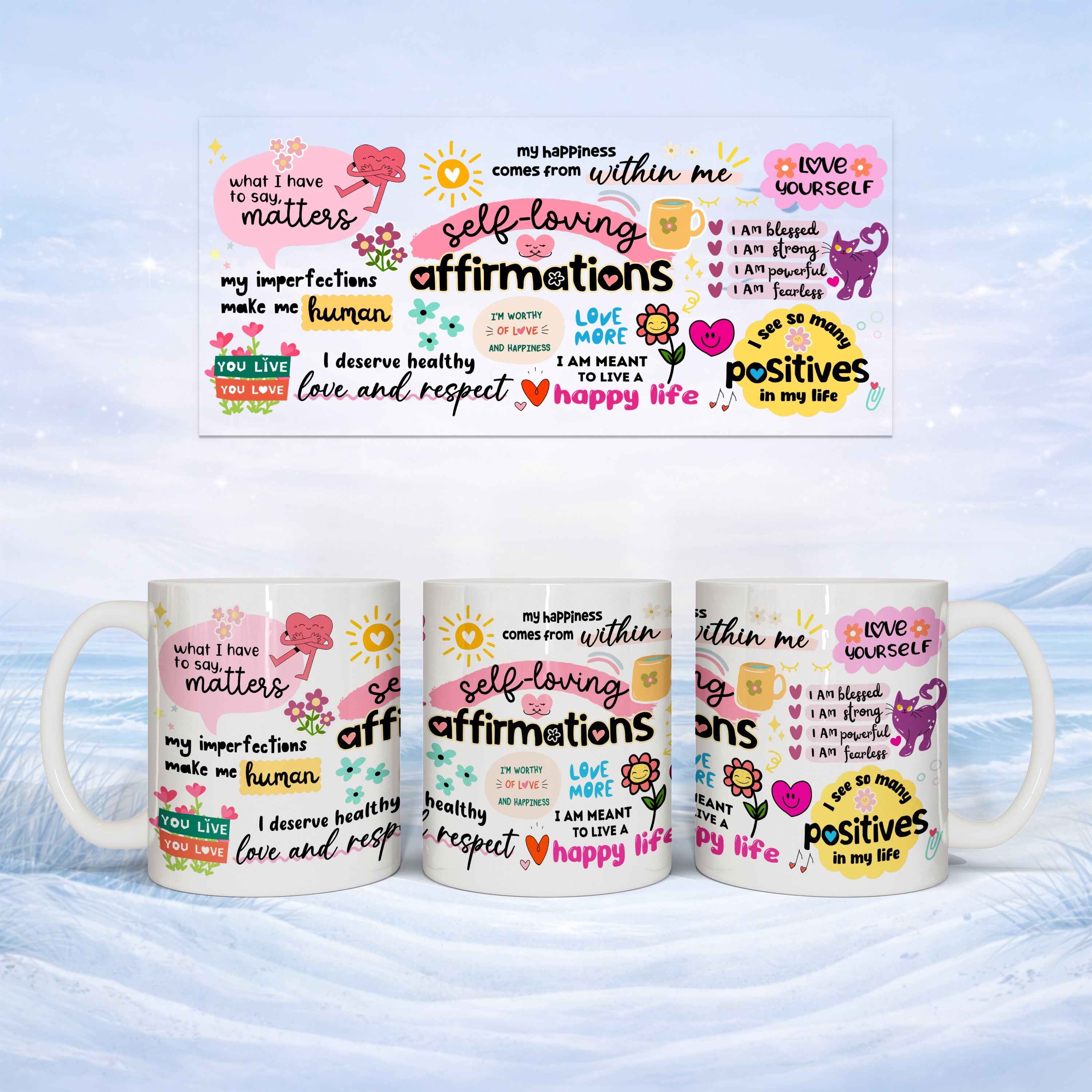 Mugs with "self-loving affirmations" text and positive messages.