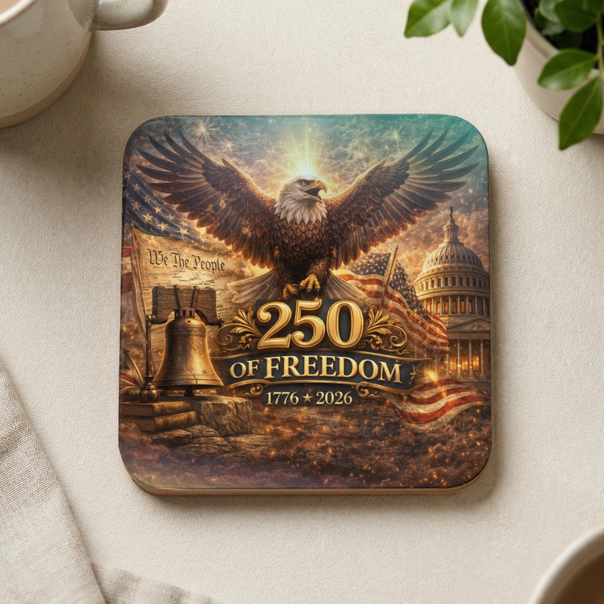 Eagle with outstretched wings, Capitol, and bell with "250 of Freedom 1776-2026".