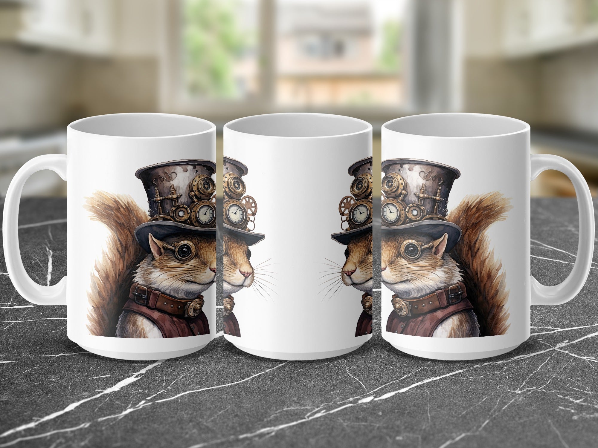 Steampunk squirrel in hat on three mugs on marble surface.