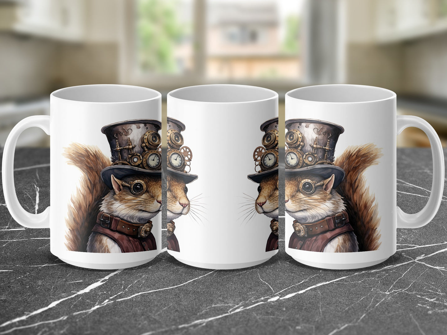 Steampunk squirrel in hat on three mugs on marble surface.