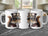Steampunk squirrel in hat on three mugs on marble surface.