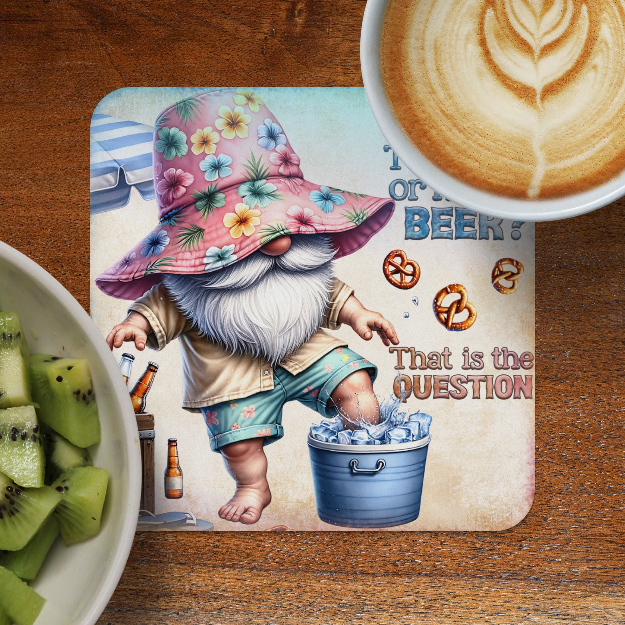 Gnome in a bucket of ice, wearing a floral hat and shorts, with text.