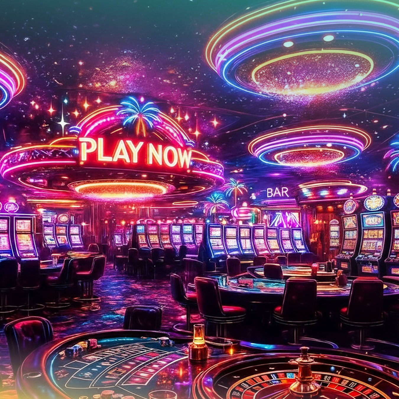 Casino floor with slot machines, roulette wheels, and neon signs.