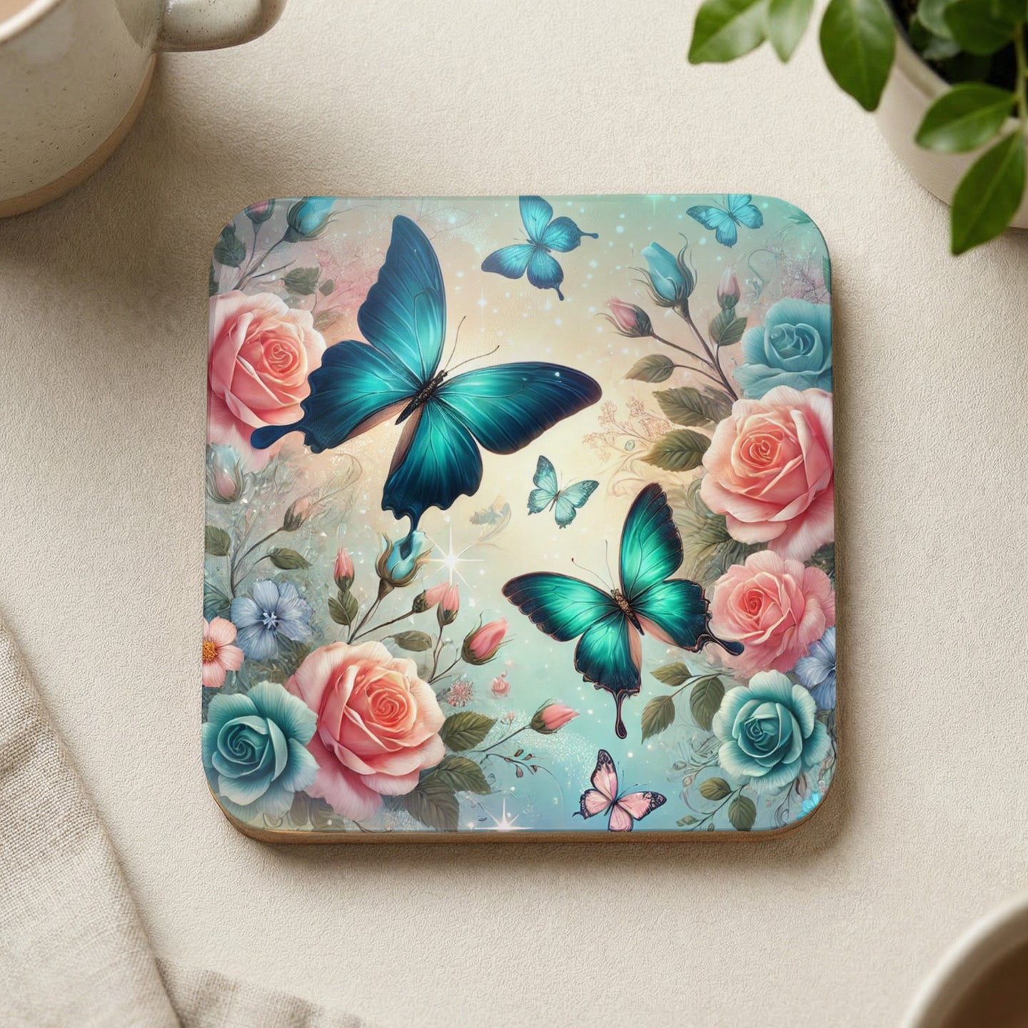 Turquoise butterflies flutter among pink and blue roses on a square coaster.
