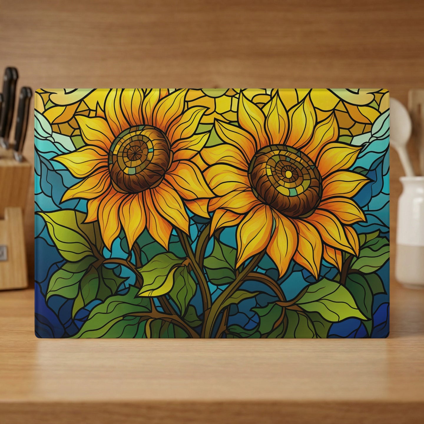 Two stained glass sunflowers with green leaves against a colorful background.