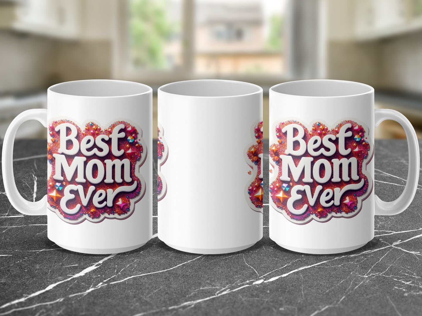White mug with "Best Mom Ever" text and colorful border.