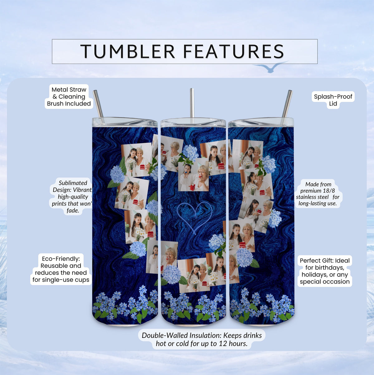 Tumbler with blue floral design featuring multiple framed photos and feature callouts.