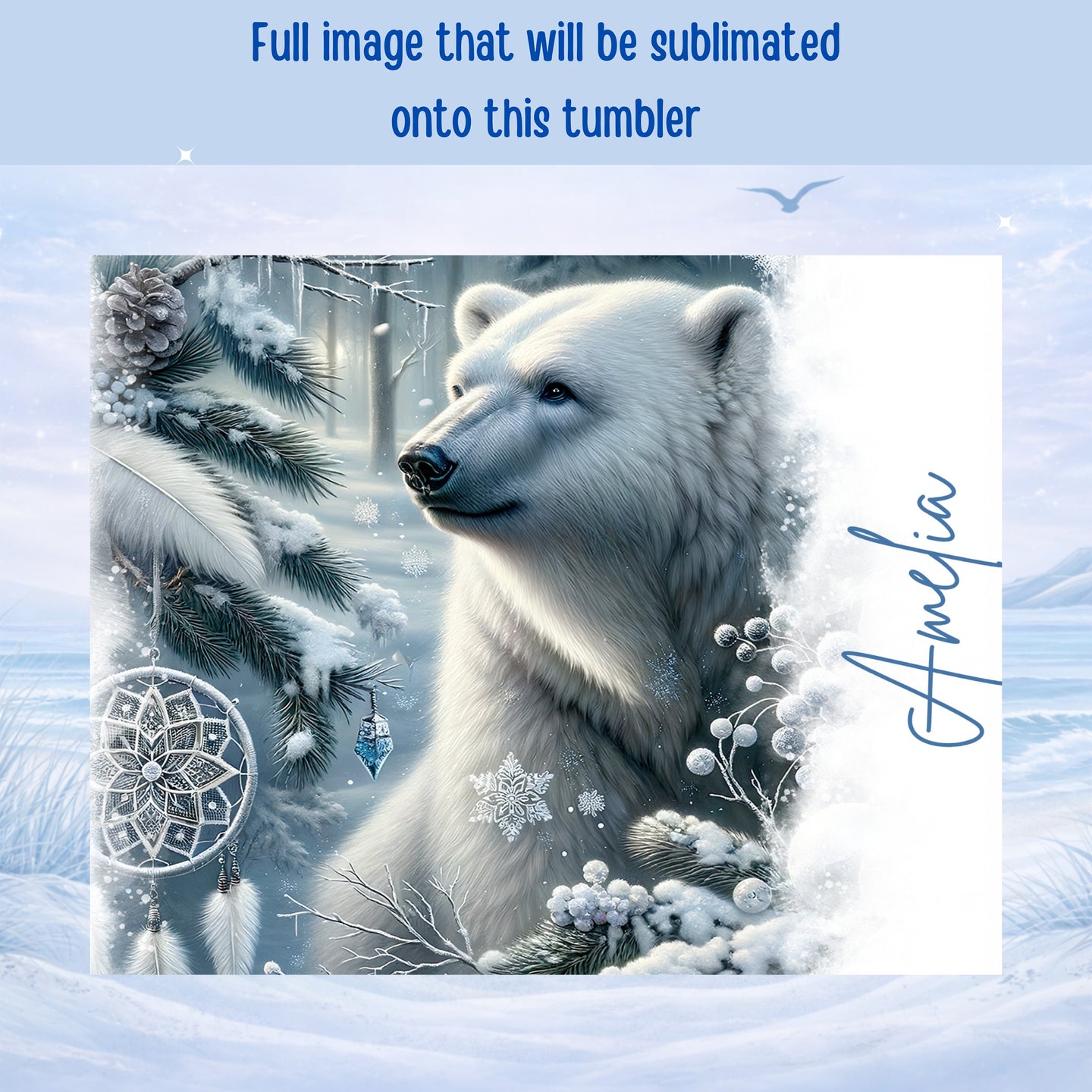 Polar bear in snowy forest with "Amelia" script text.