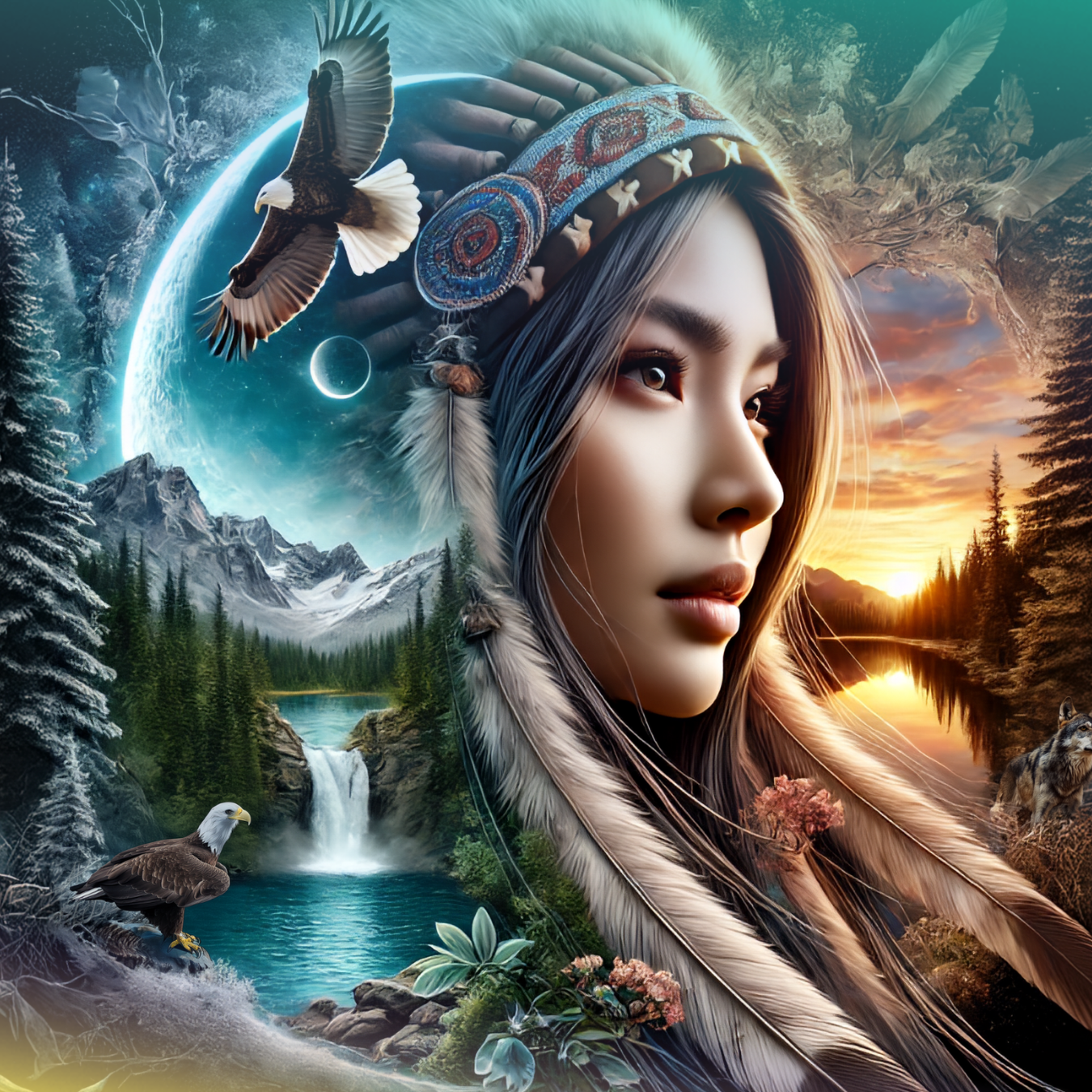 Native American woman wearing headdress, eagles, waterfall, and mountains.