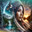 Native American woman wearing headdress, eagles, waterfall, and mountains.