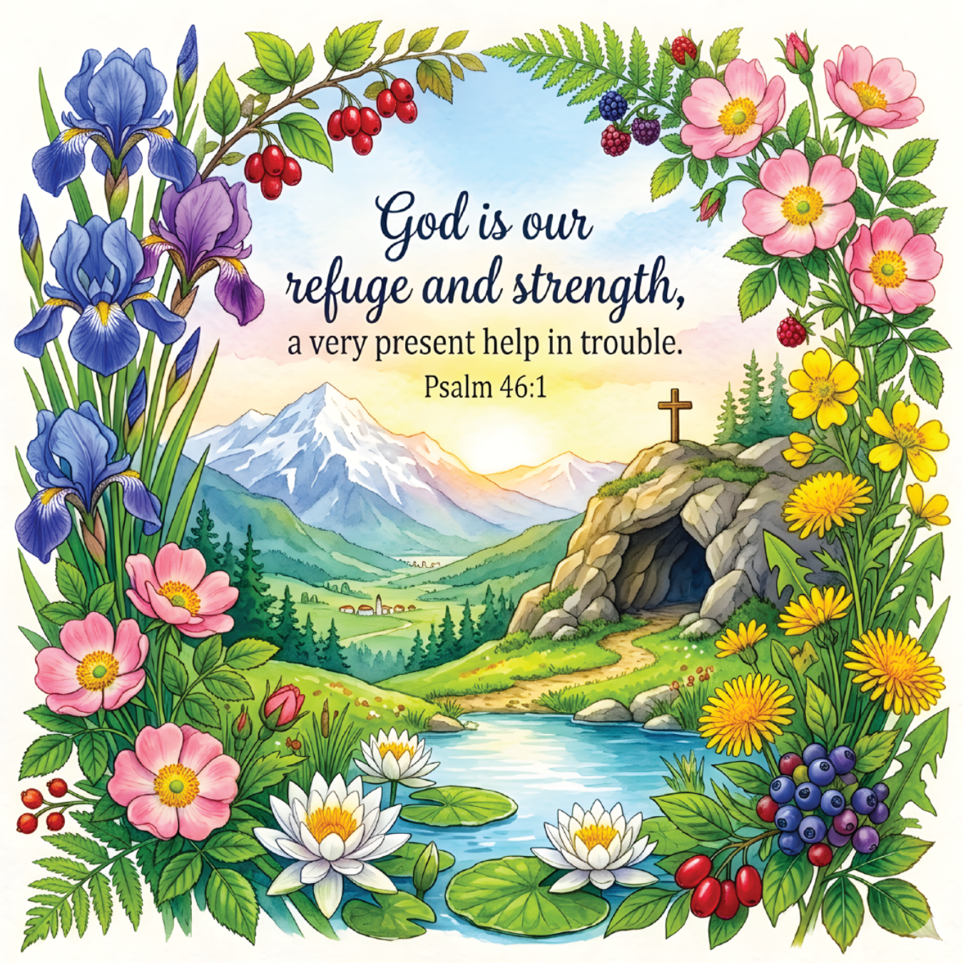 Floral border frames a landscape with text "God is our refuge and strength, Psalm 46:1".