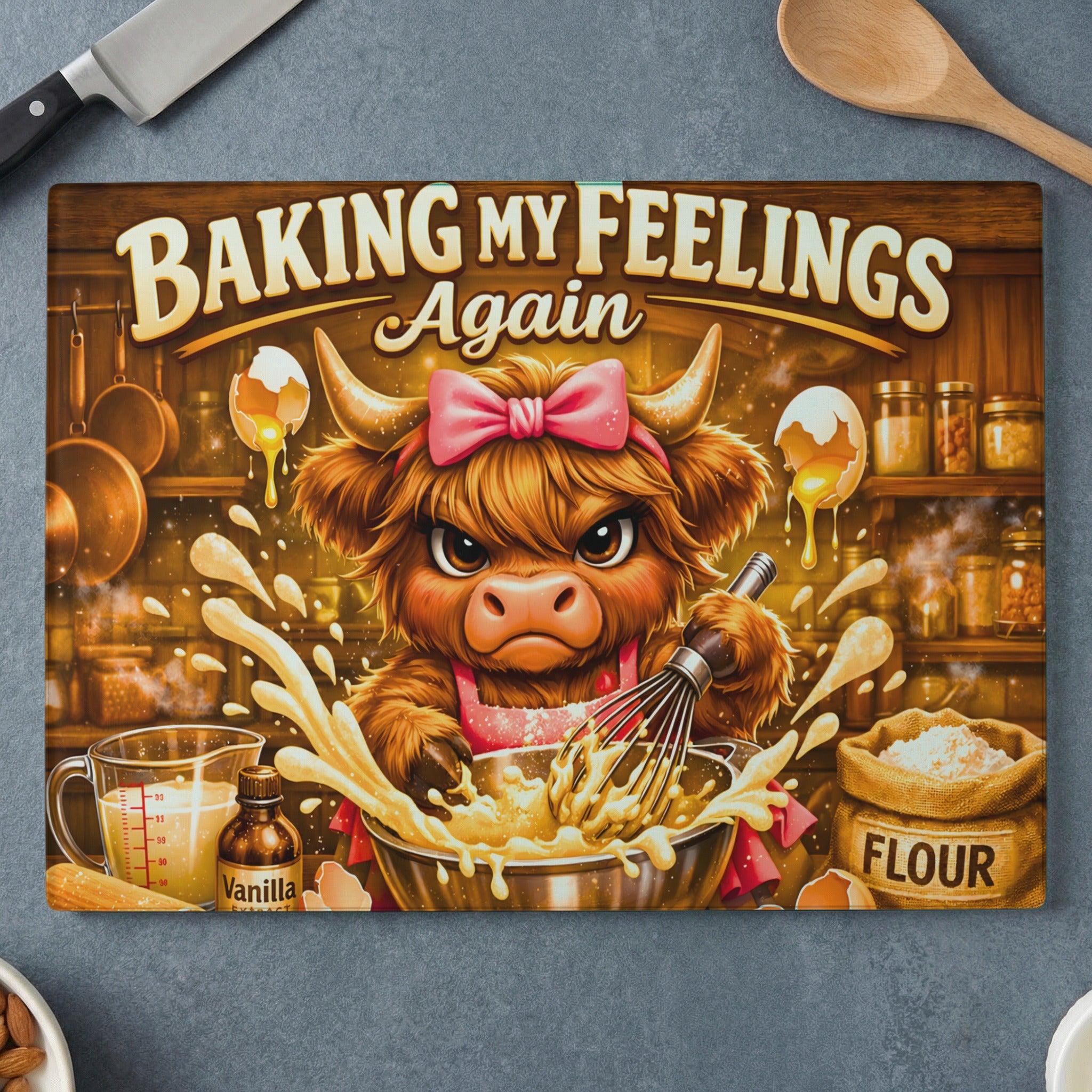 Highland cow in apron bakes with text "BAKING MY FEELINGS Again".