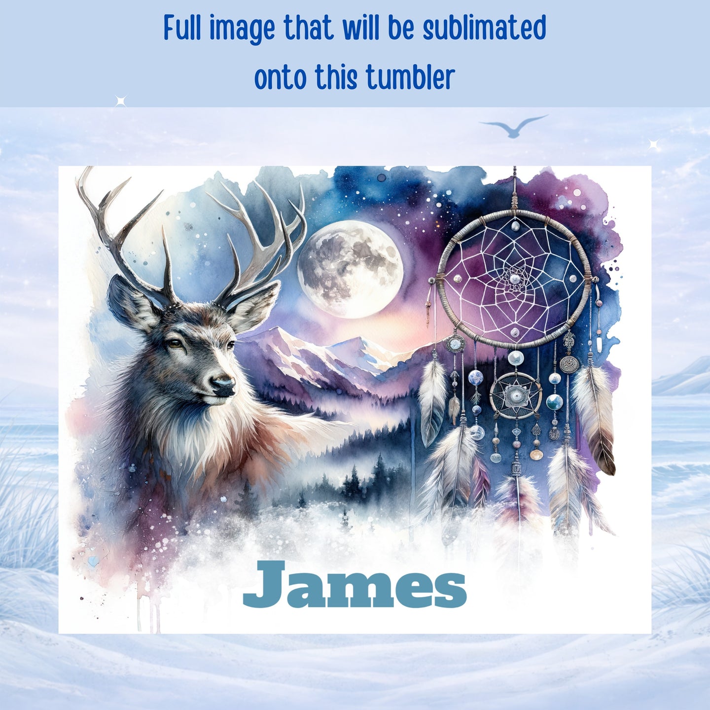 Watercolor deer and dreamcatcher with moon and mountains, "James" text.
