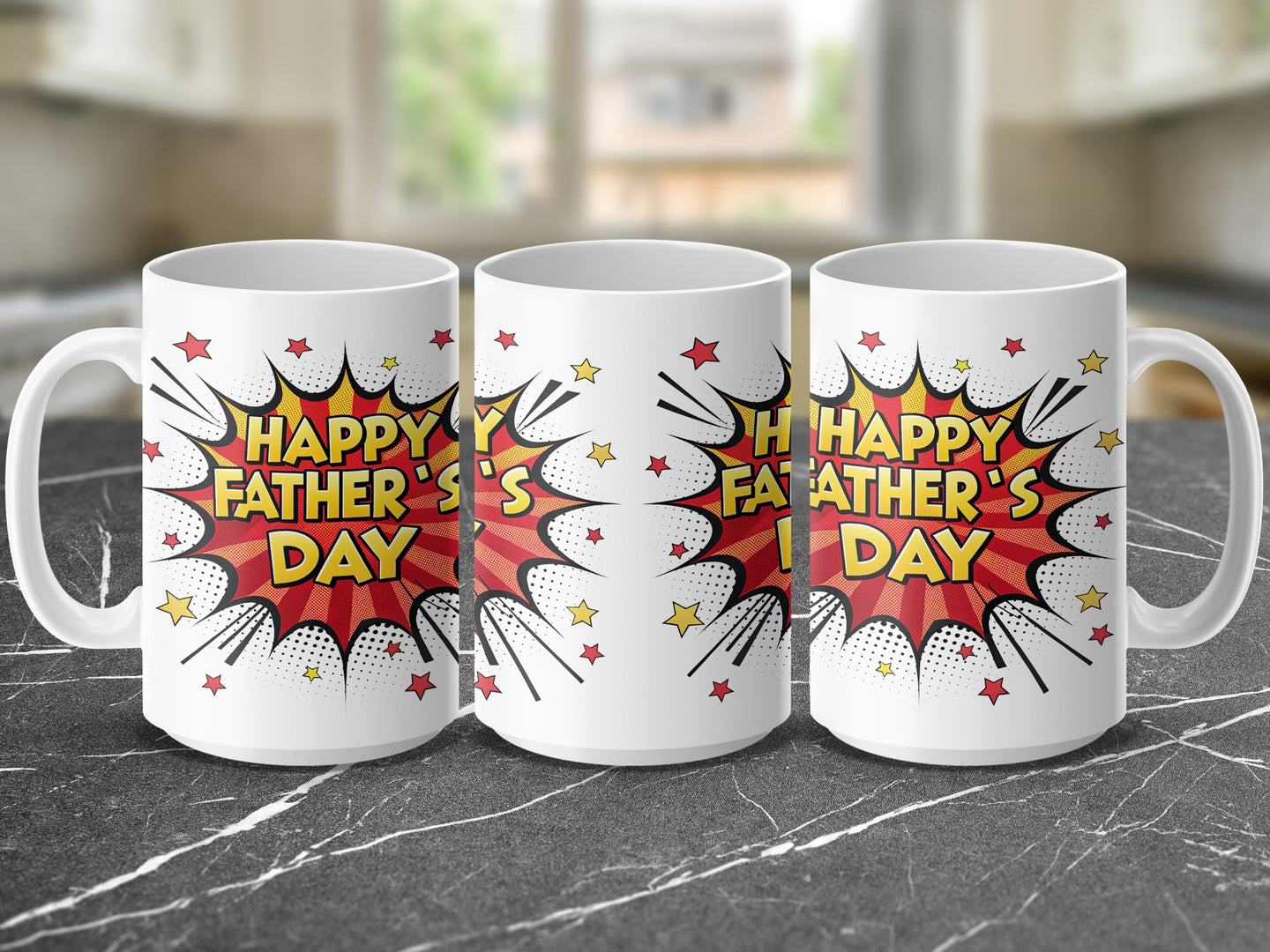 Three white mugs with "Happy Father's Day" in a comic book style.