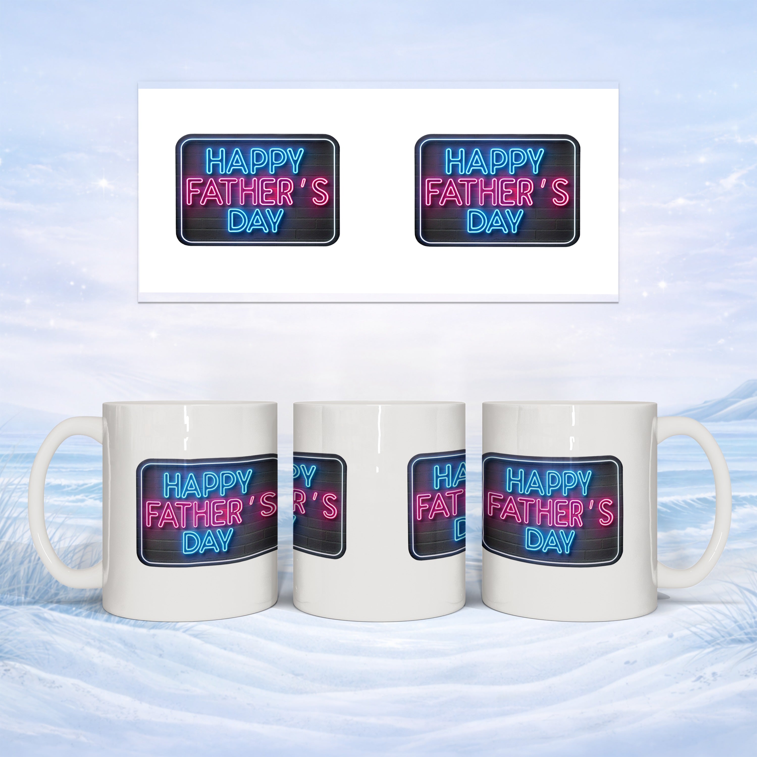 Mug with "Happy Father's Day" in neon lights.