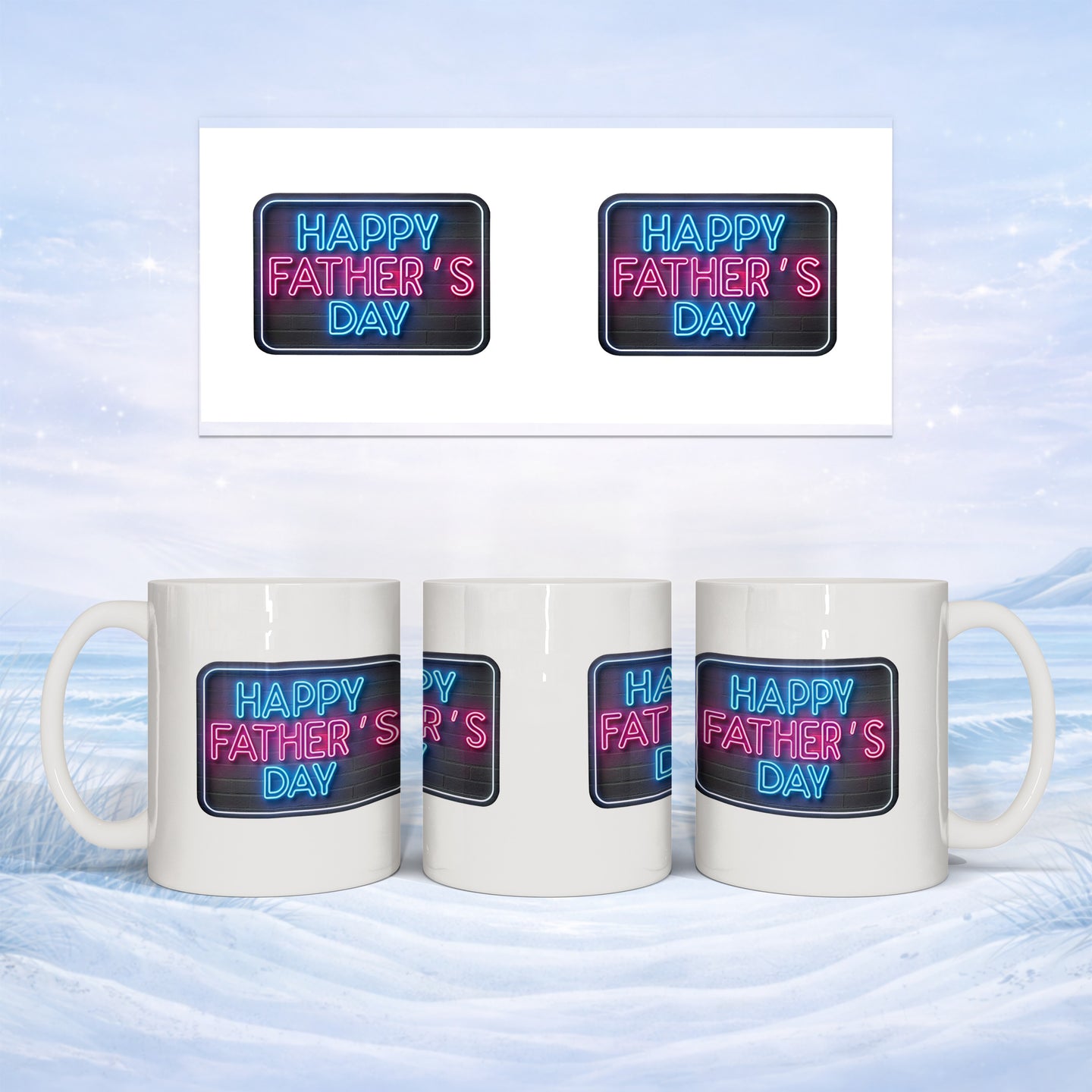 Mug with "Happy Father's Day" in neon lights.
