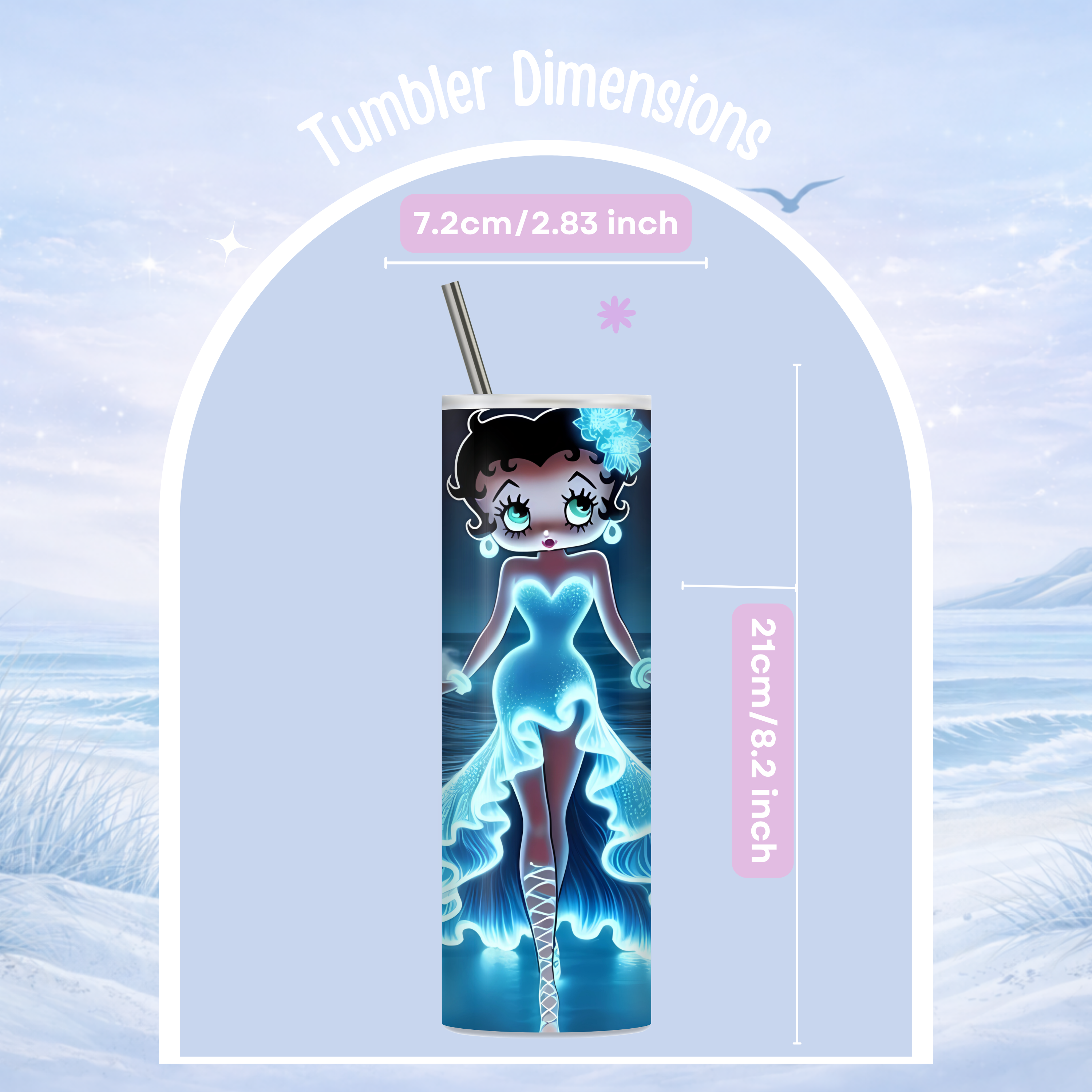 Tumbler with betty boop design and dimensions on a light blue background
