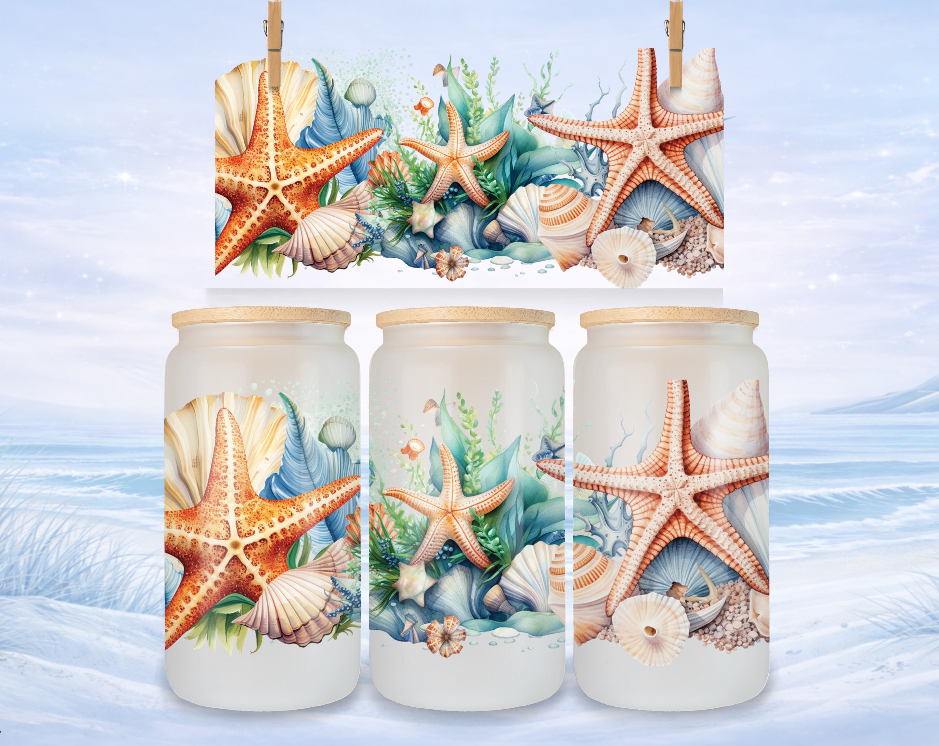Beach scene with starfish, seashells, and aquatic plants on three glass cups.