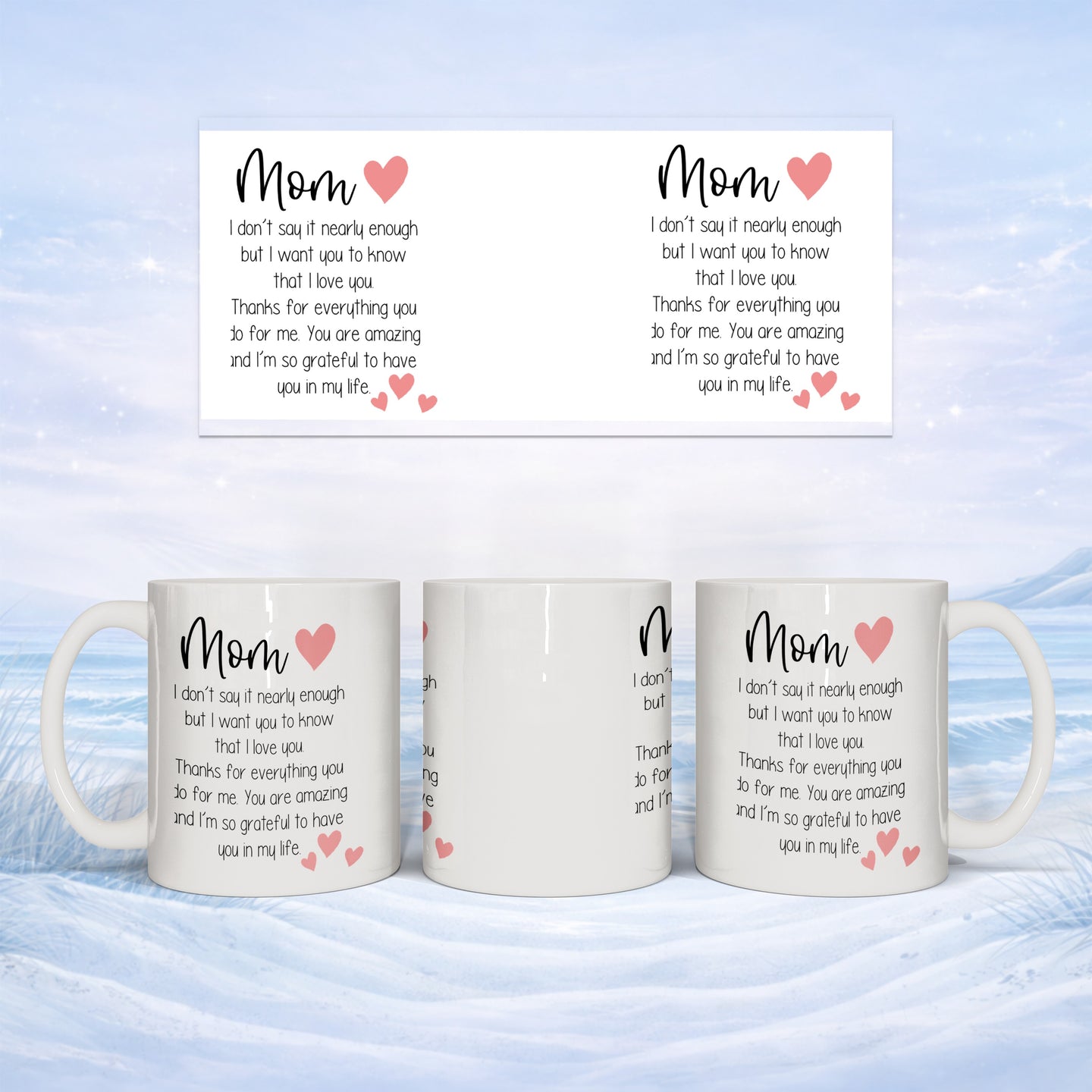 White ceramic mugs with "Mom" and heartfelt text about love and gratitude.