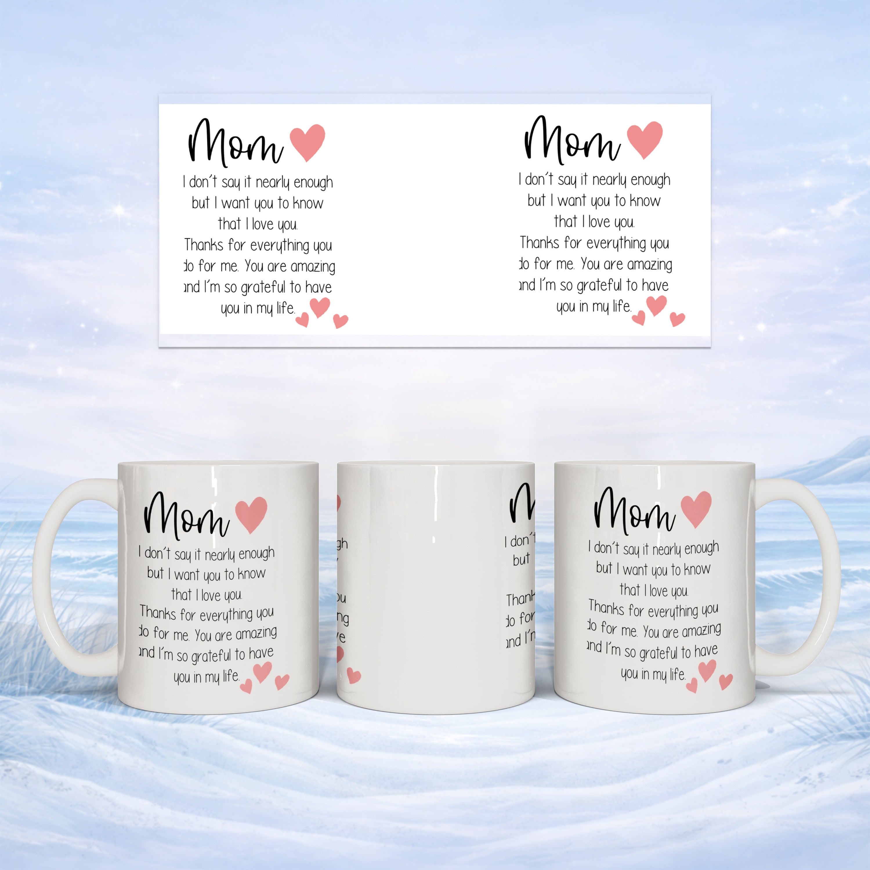 White ceramic mugs with "Mom" and heartfelt text about love and gratitude.