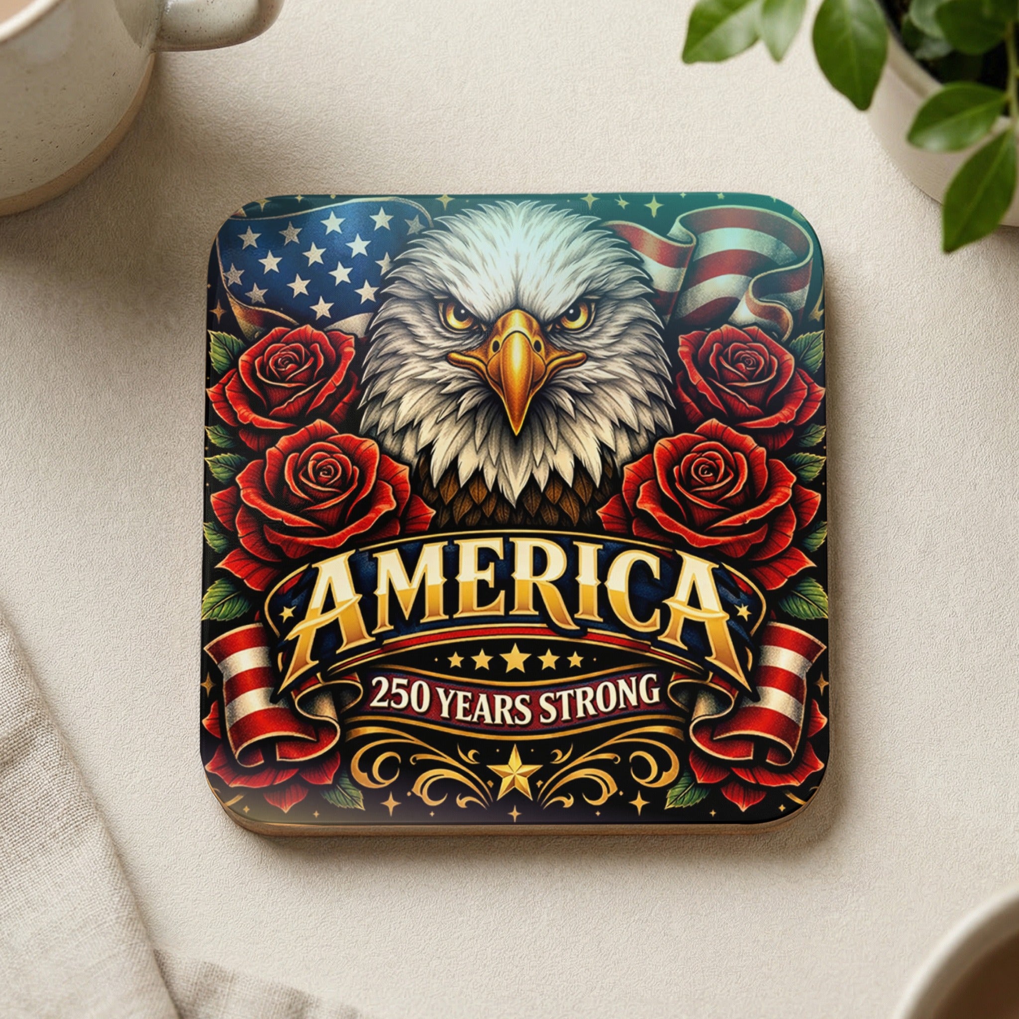 Eagle with American flag, roses, and "America 250 Years Strong" text.