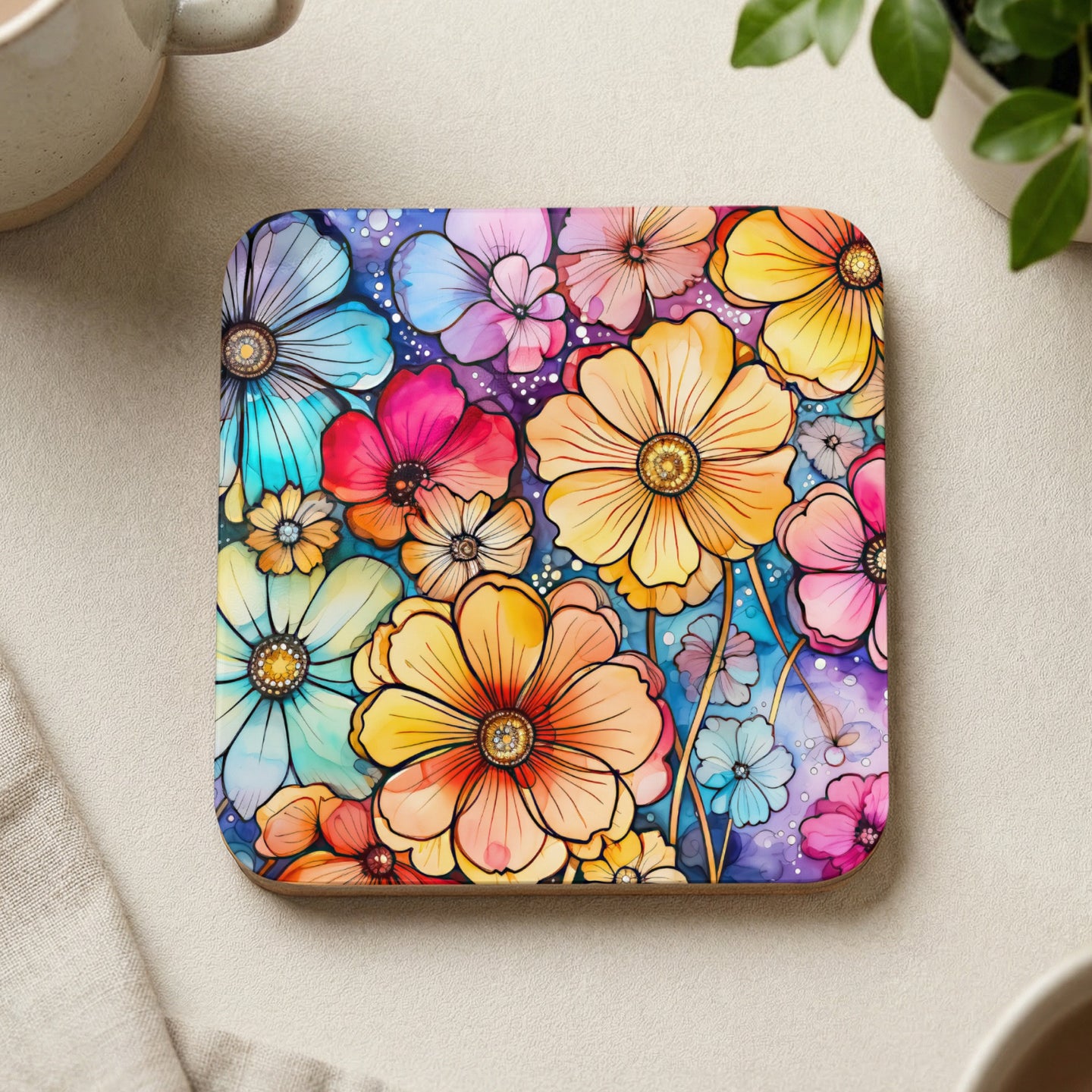 Square coaster with colorful watercolor floral pattern.