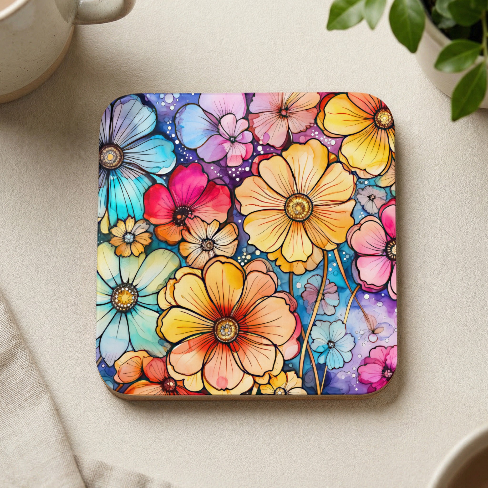 Square coaster with colorful watercolor floral pattern.